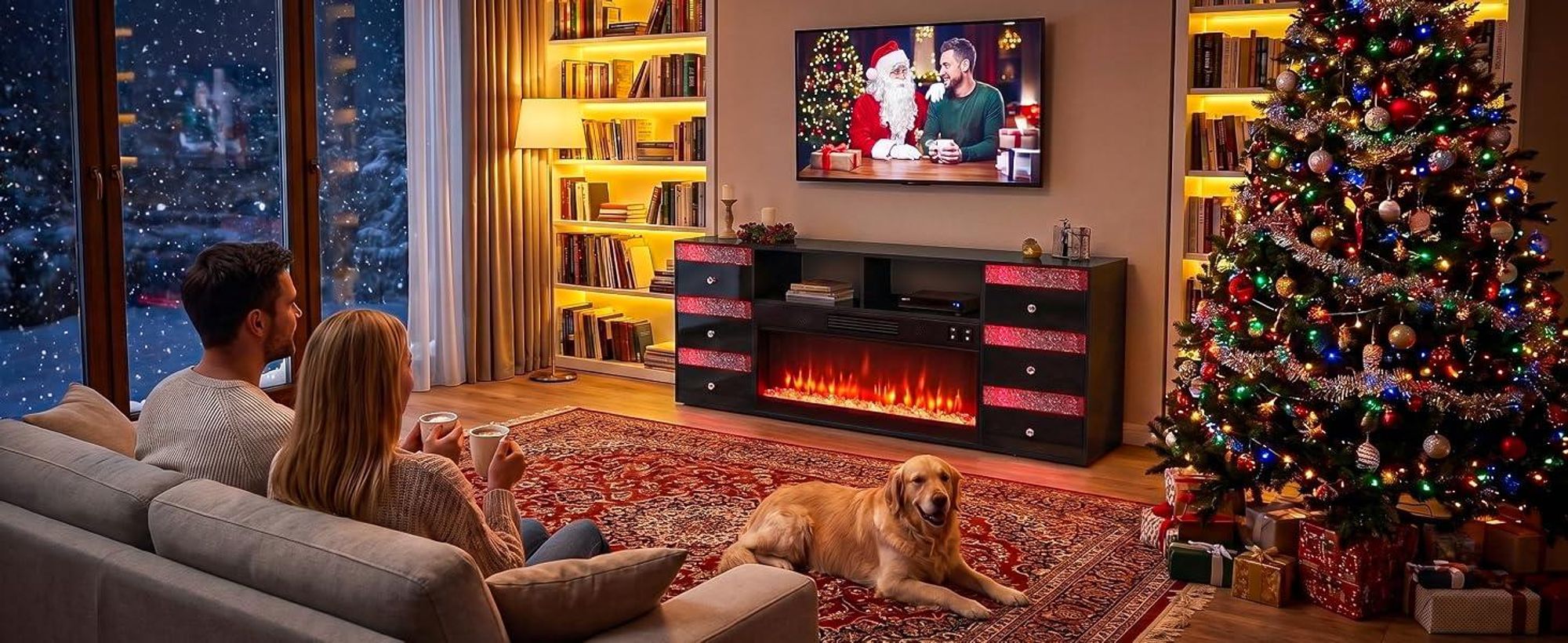 Szafka RTV VANITII z funkcją grzewczą, oświetleniem LED zmieniającym kolor, Bluetooth, 6 szufladami, kolor czarny, wymiary: 180 x 40 x 65 cm
