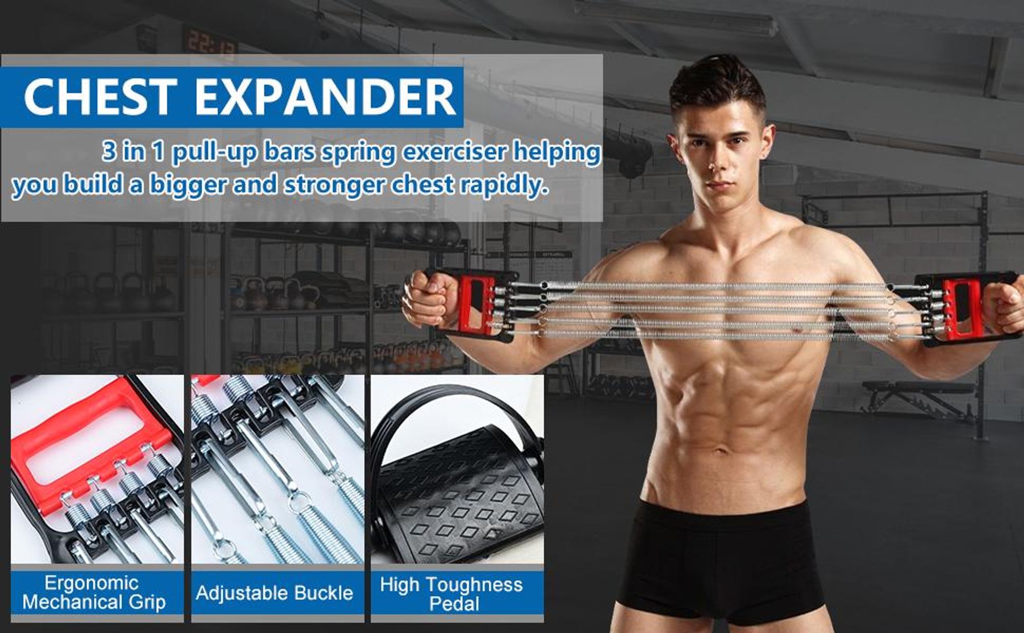 Muscle Pull Exerciser Brustmuskel, 3-in-1 Mehrfunktional Brust Expander, Bänder Krafttraining, Trainingsband, Bauchtrimmer, Handgreifer, mit 5 Federn