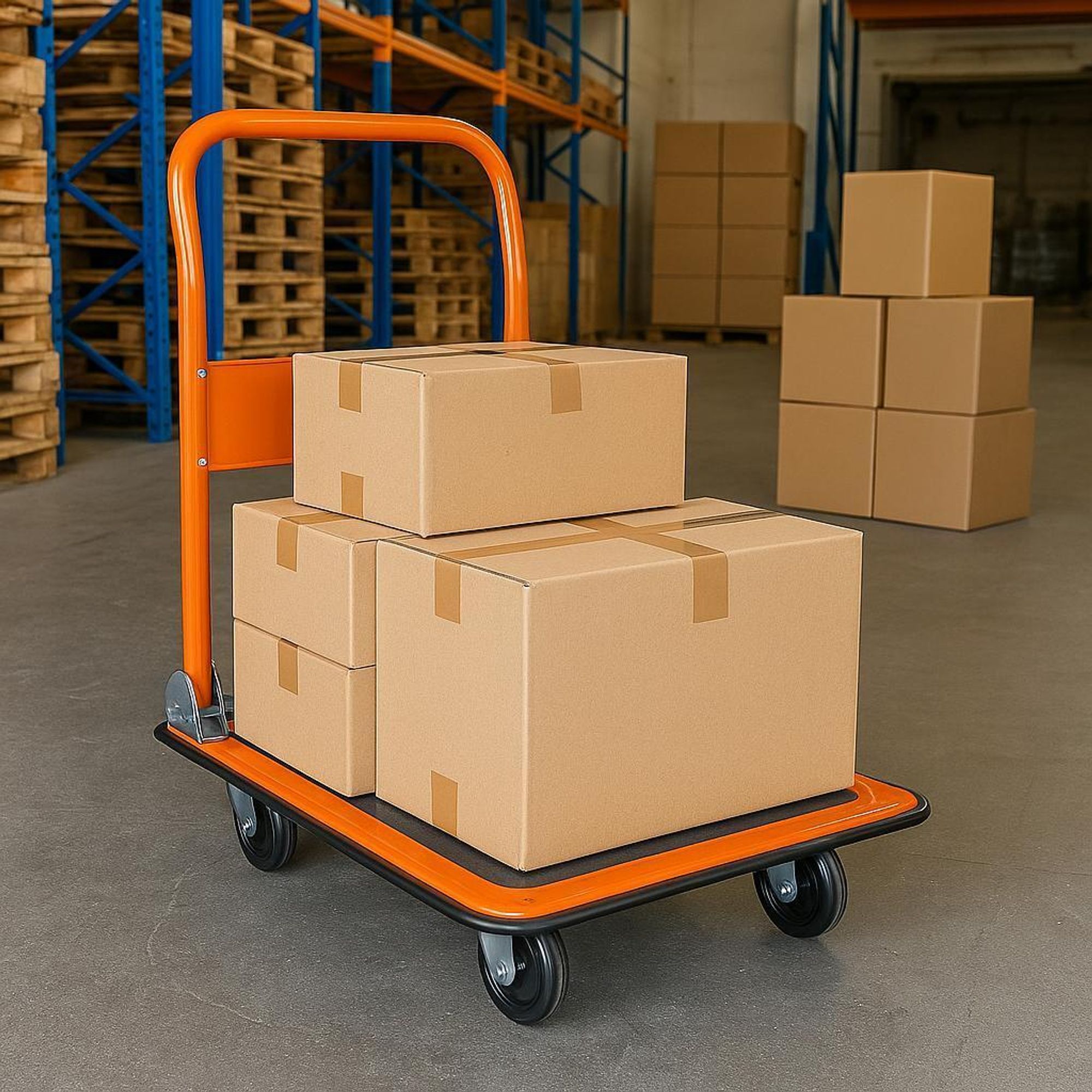 KRAFT&DELE | Klappbarer Plattformwagen, 150kg, Transportwagen, Lagerwagen, Paketwagen, Abmessungen Ladefläche 73x47cm, Schiebebügelwagen