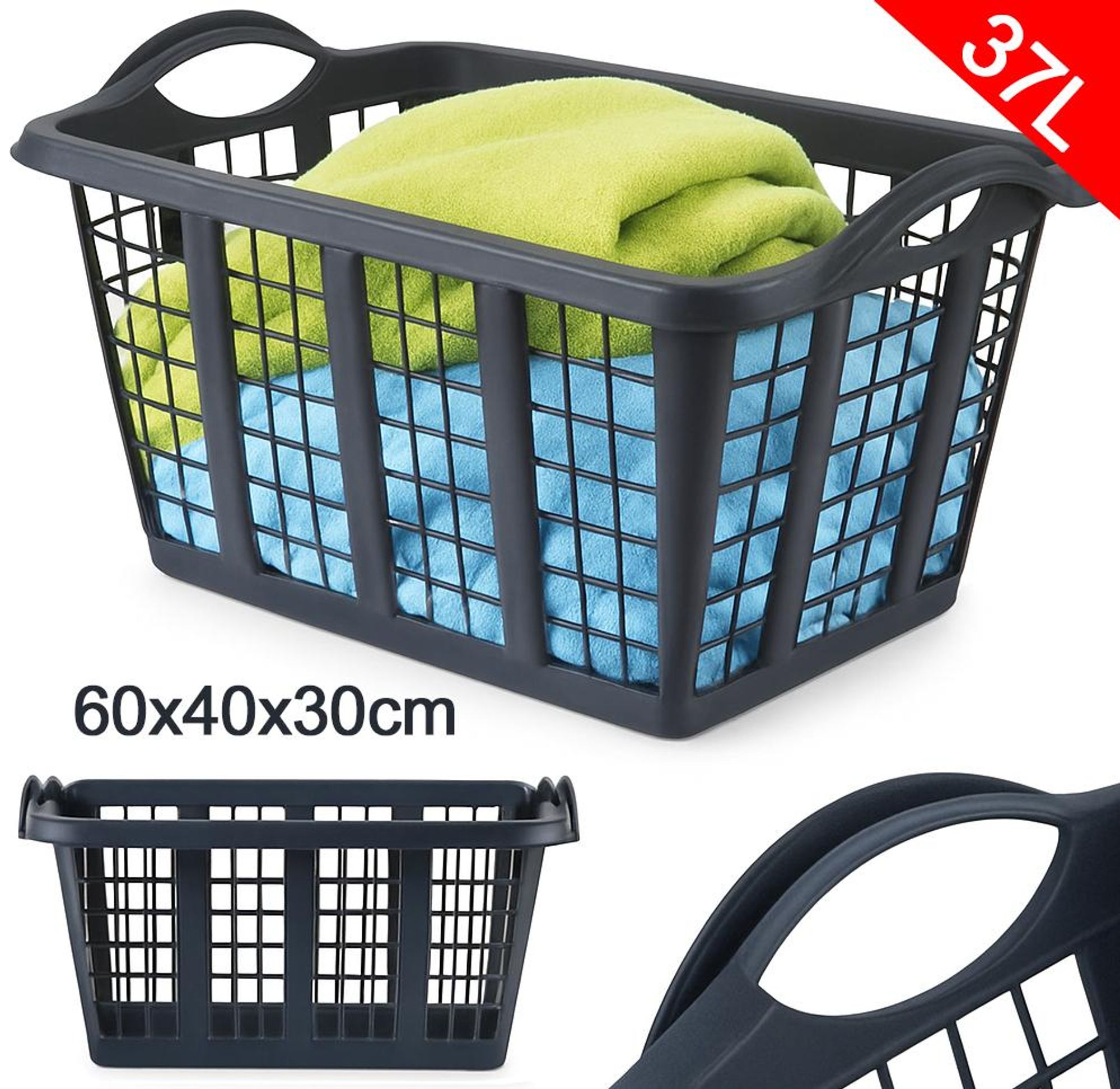 Wäschekorb 37L aus stabilem Kunststoff – 60x40x30 cm – leicht, robust & belüftet – mit Griffen, ohne Deckel, Farbe Schwarz