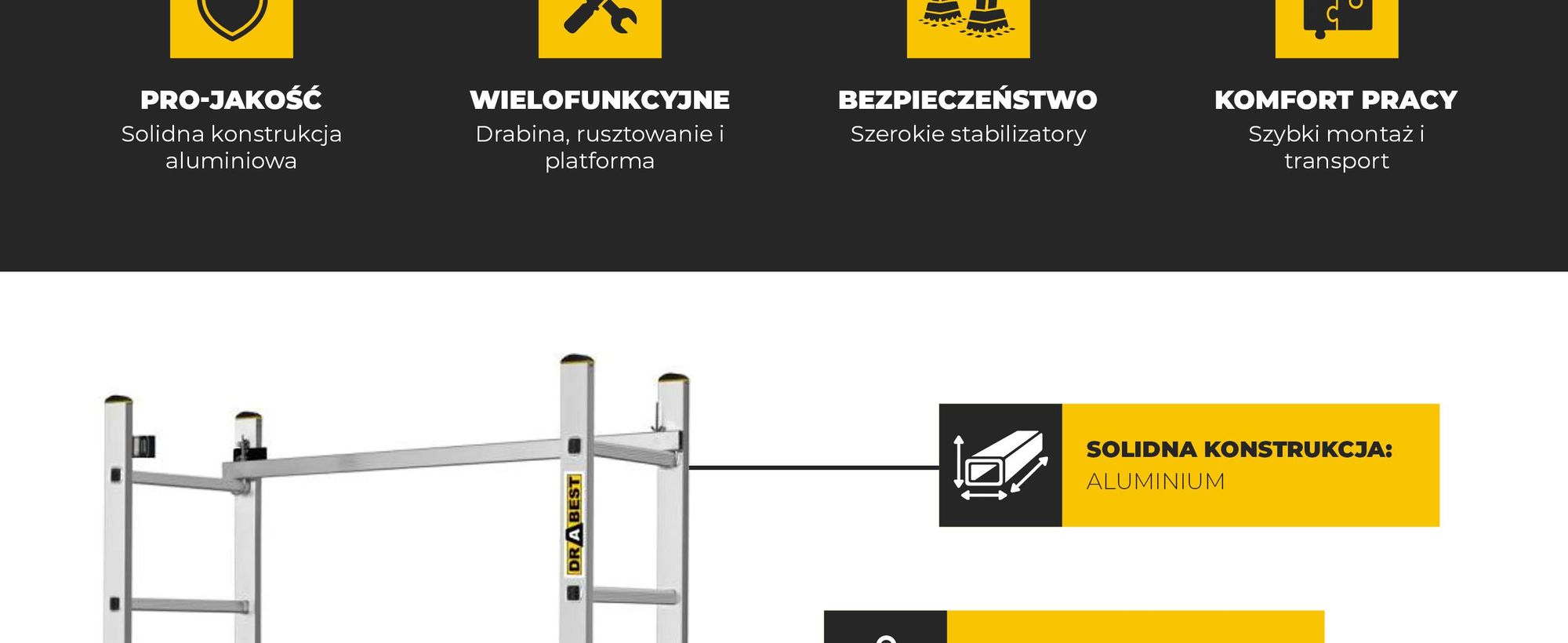 Drabest | Rusztowanie aluminiowe, rusztowanie aluminiowe 2x6, drabina - rusztowanie, nośność platformy: 150 kg, wymiary platformy: 46 x 150 cm