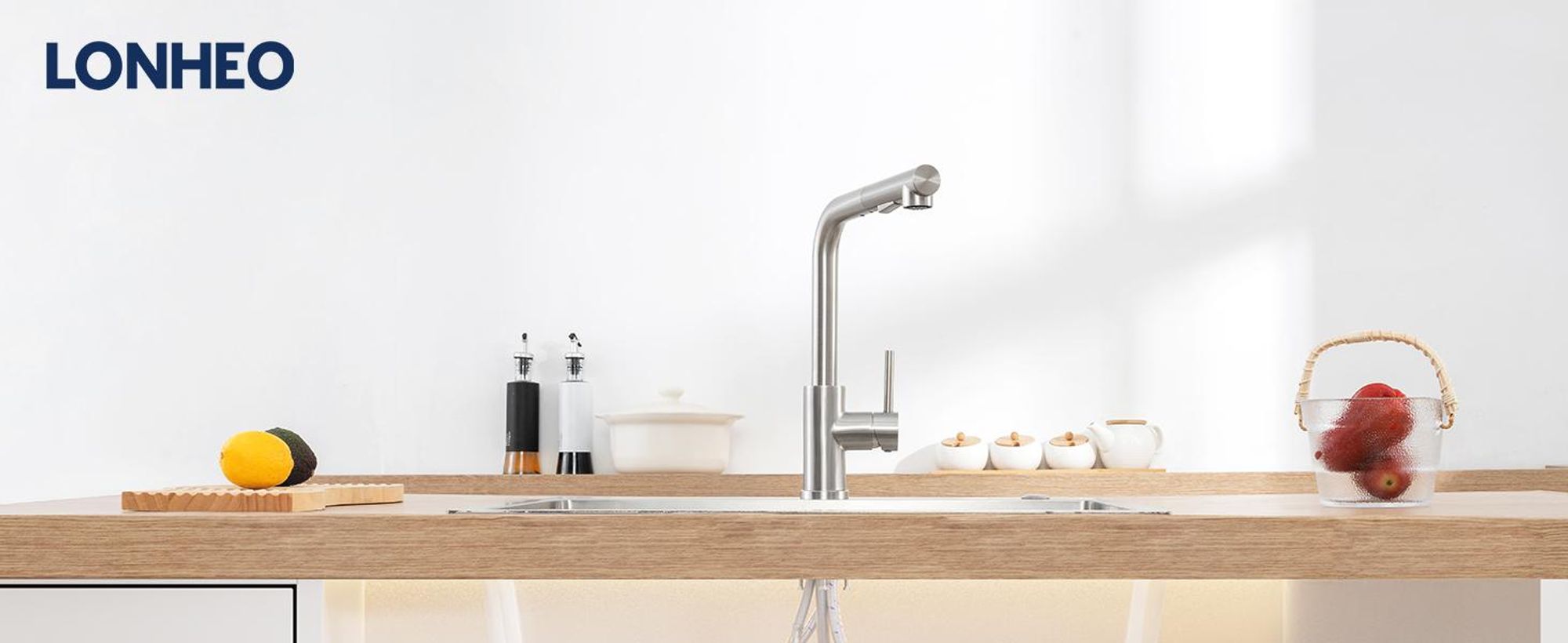 Lonheo Niederdruck Küchenarmatur Wasserhahn Küche ausziehbar 360° drehbar Spültischarmatur mit Brause, Edelstahl Küchenwasserhahn, Gebürstet