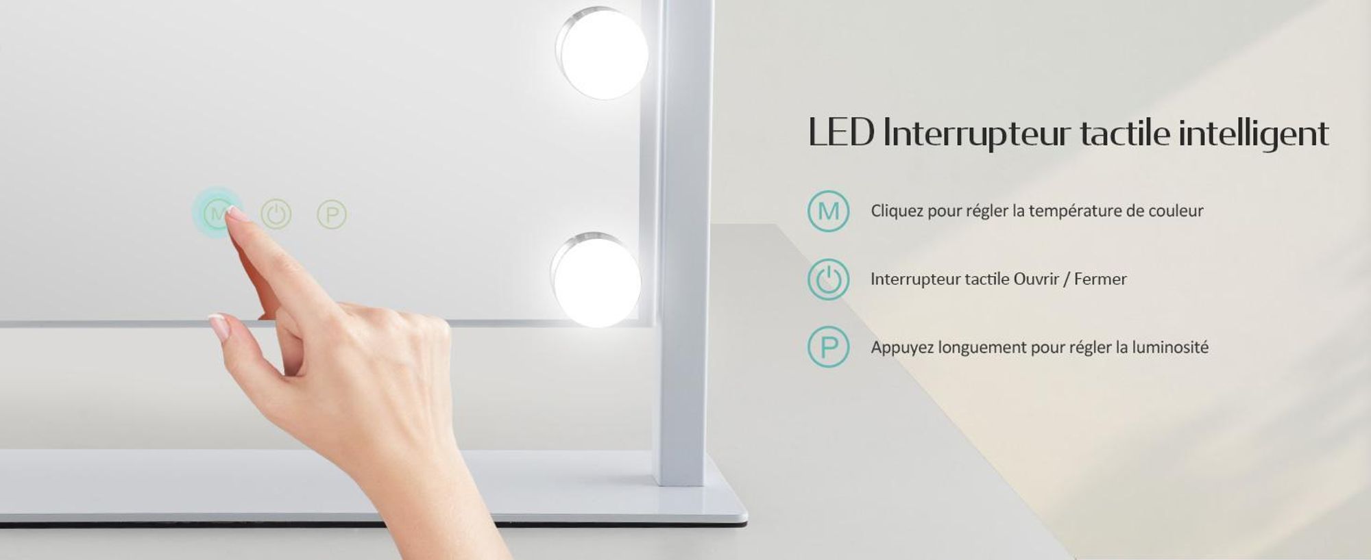 Miroir cosmétique EMKE avec éclairage LED 47,5 x 36,5 cm Miroir de maquillage grossissement 7x 3 couleurs de lumière Intensité réglable Rotation à 360°, blanc