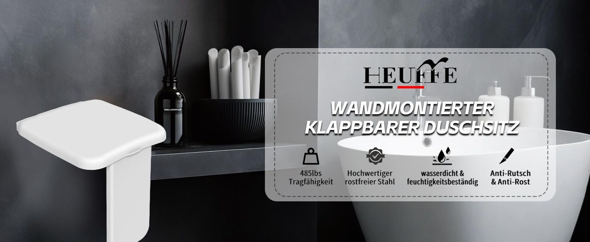 HEUFFE Duschsitz Klappbar Wandmontage， Duschklappsitz Klappsitz Dusche bis 200kg Badestuhl Duschhocker-Badhocker Hocker Duschstuhl für Senioren, Weiß