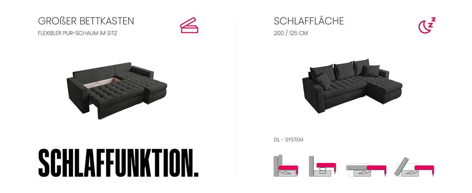 BroMARKT Ecksofa LUIS Schlaffunktion Bettkasten L-Form 238x148x88cm Dunkelgrün