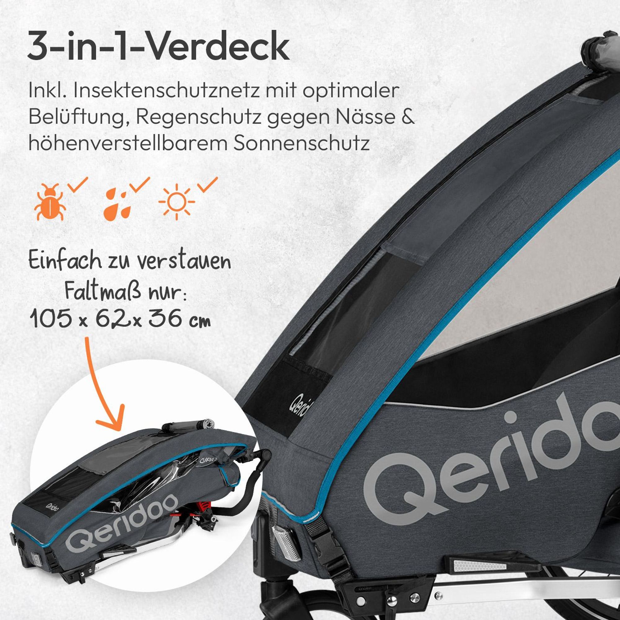 Qeridoo QUPA 1 - Kinderfahrradanhänger für 1 Kind, Farbe: Blue