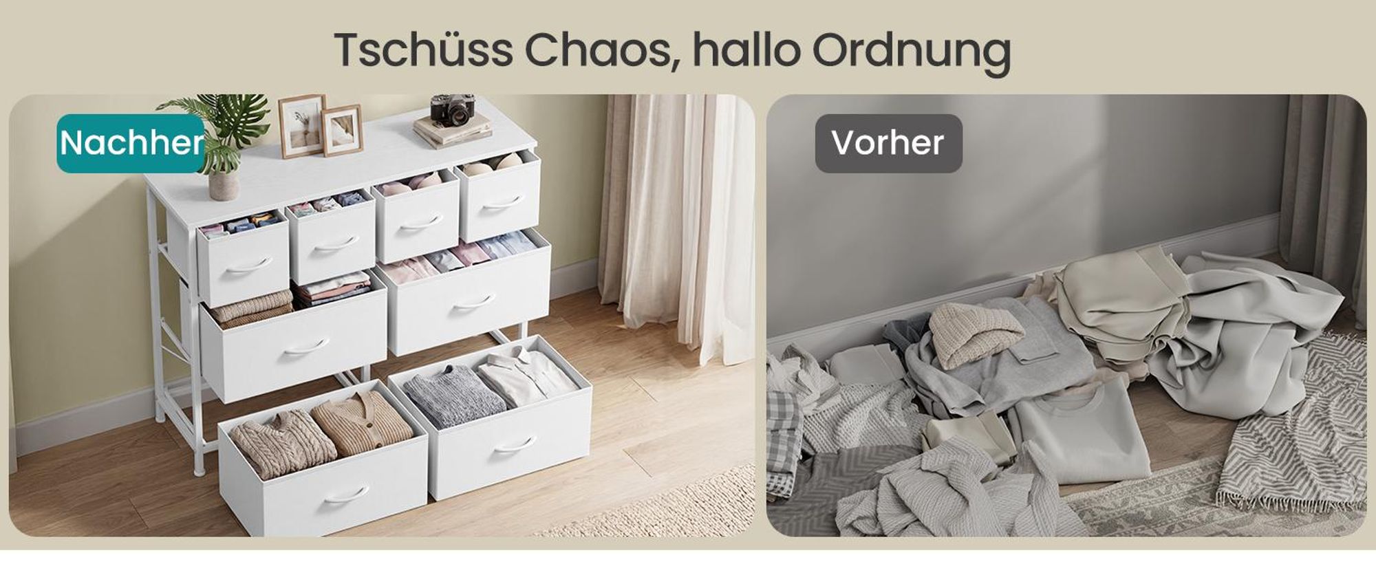 SONGMICS Kommode mit 8 Stoffschubladen, Aufbewahrungsschrank mit Metallrahmen, 98,7 x 30 x 74,7 cm, Weiß