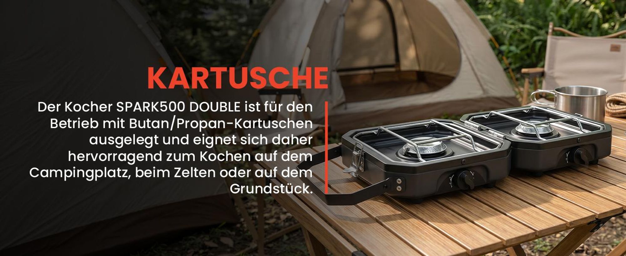 Schwarzer Gaskocher mit zwei Brenner zusammenklappbar tragbarer Campingkocher