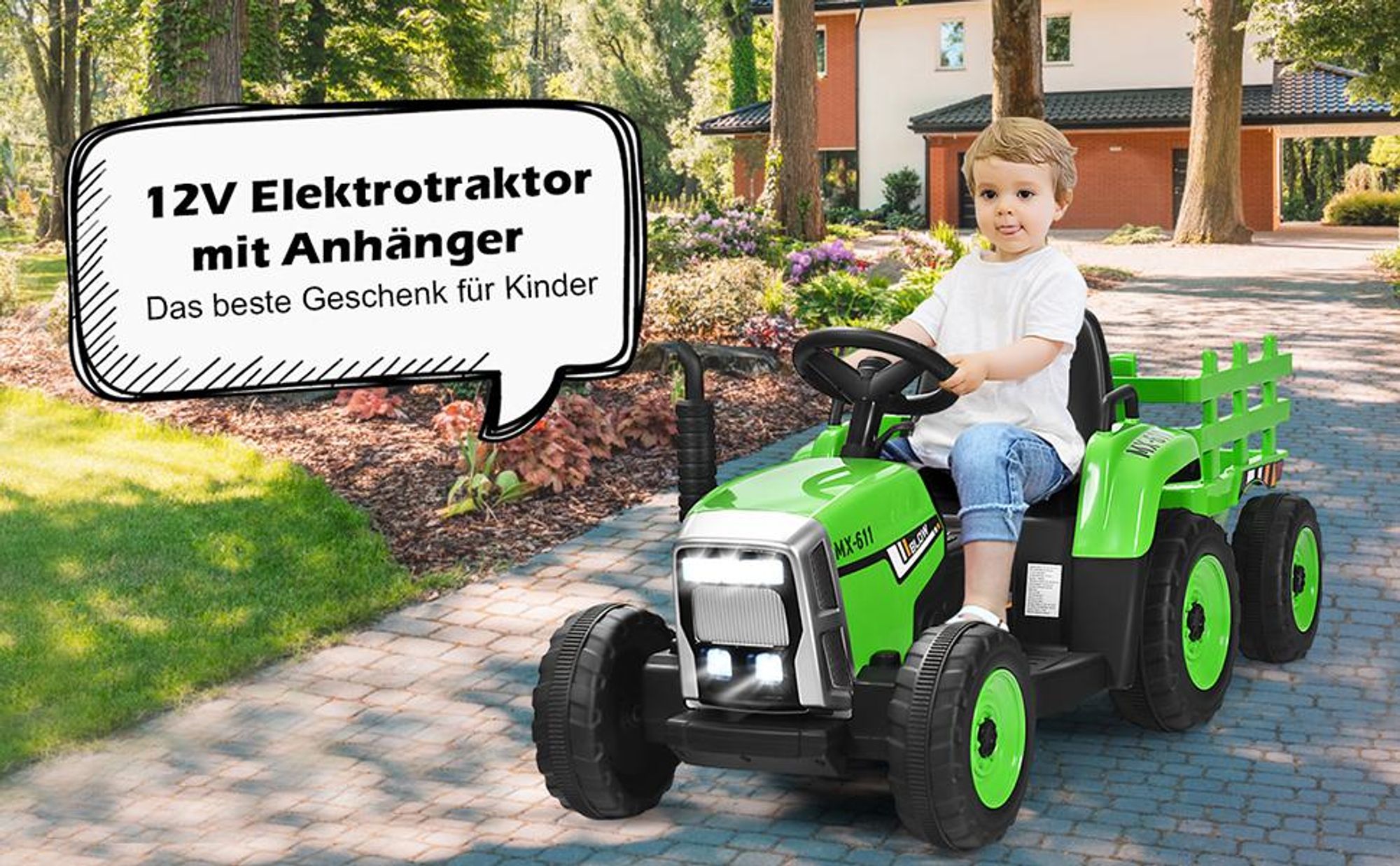 COSTWAY 12V 3-Gang 3-8KM/H Kinder Elektroauto Traktor mit abnehmbarem Anhänger, 2,4-GHz-Fernbedienung, LED Lichtern, Musik&USB, für Kinder 3+ Grün