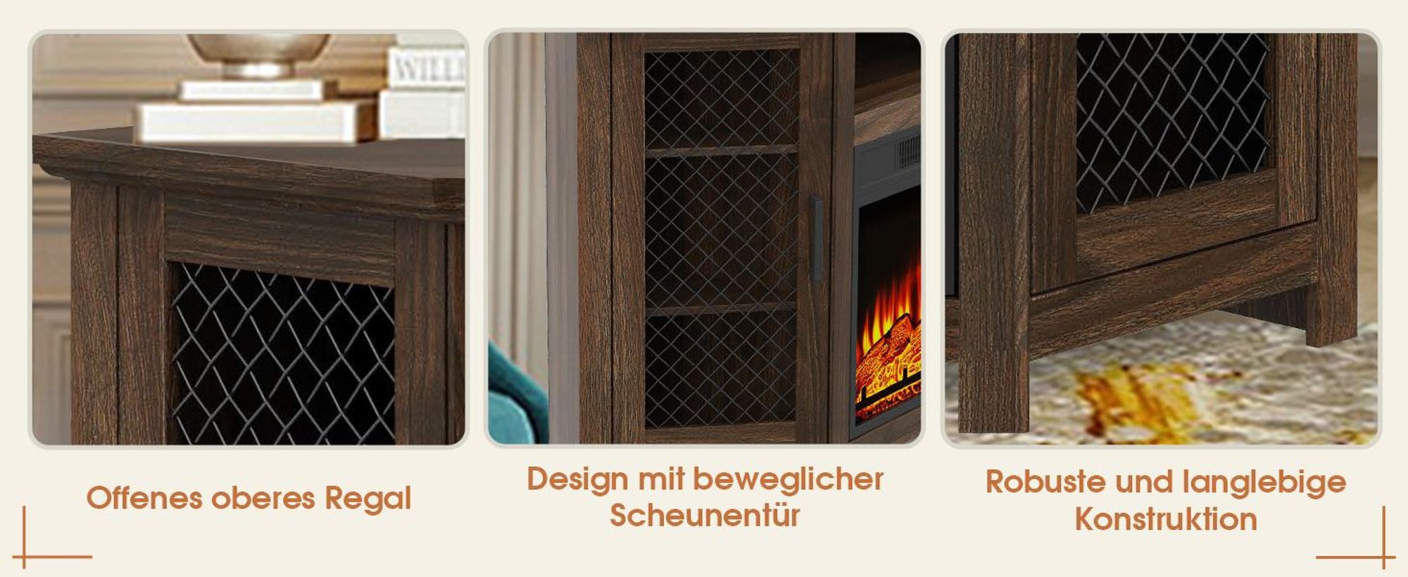 Parrot Uncle TV-Schrank für Fernseher bis 55 Zoll, MDF, Braun, mit 18" Elektrokamin, eignet sich für Eckaufstellung, 114x 56x 76 cm, 45 kg Tragkraft