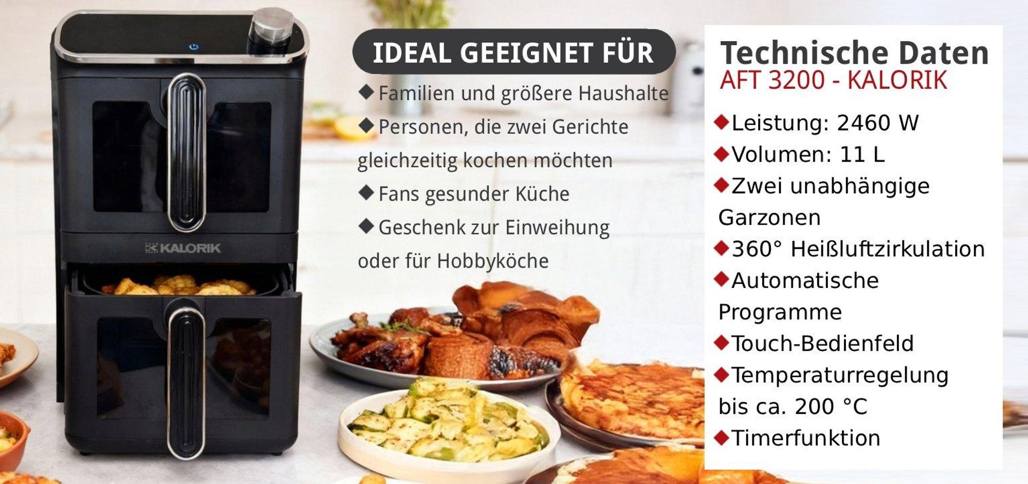 Kalorik Fettfreie Fritteuse Vertikale 2460W 11L XXL Heißluftfritteuse Turm + 2 Frittierroste, air fryer