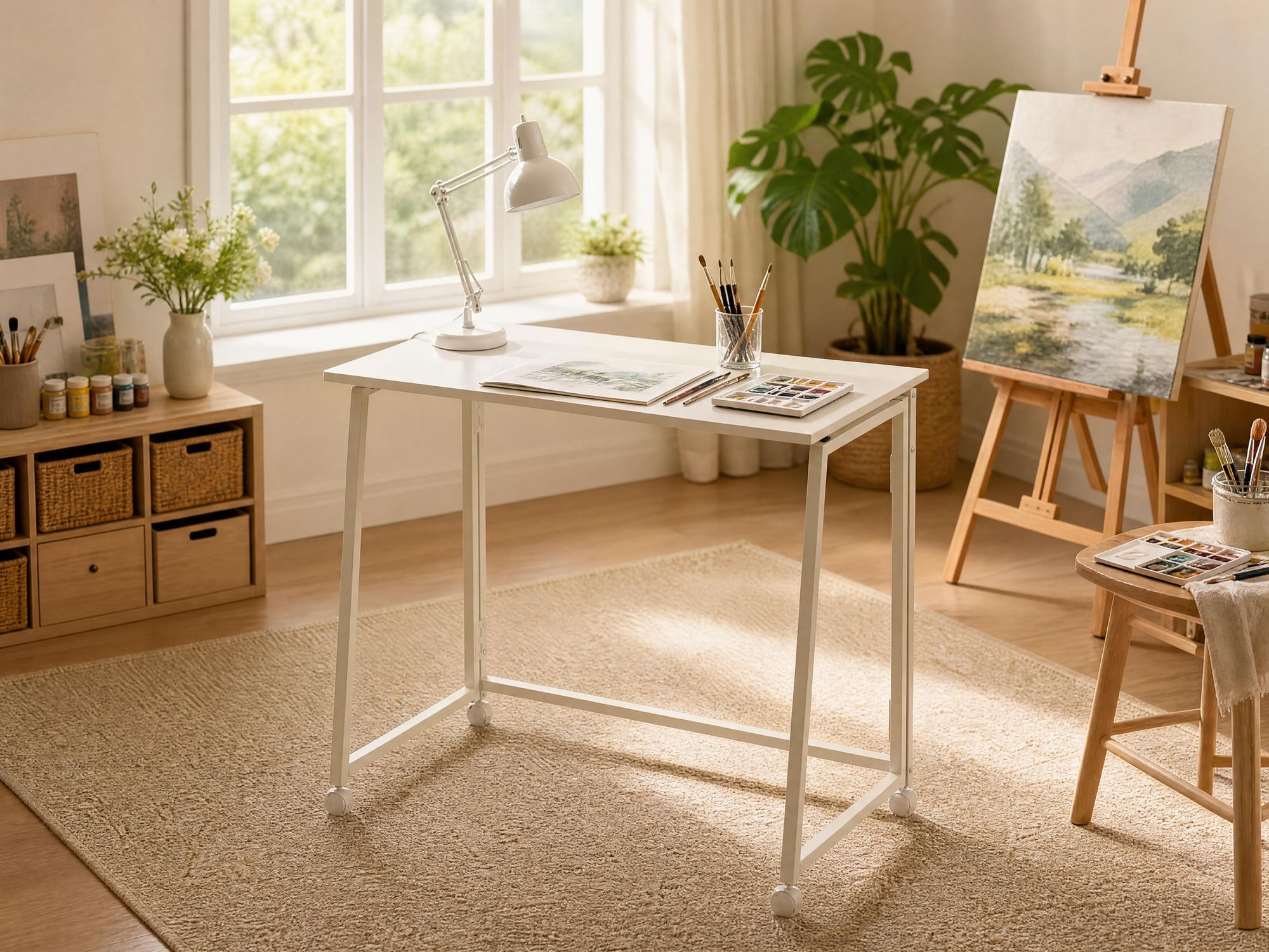 Meubles Cosy Skandinavischer Klappschreibtisch / Computertisch mit 4 Rollen Wei?es Holz und wei?es Metall - ASCOLI