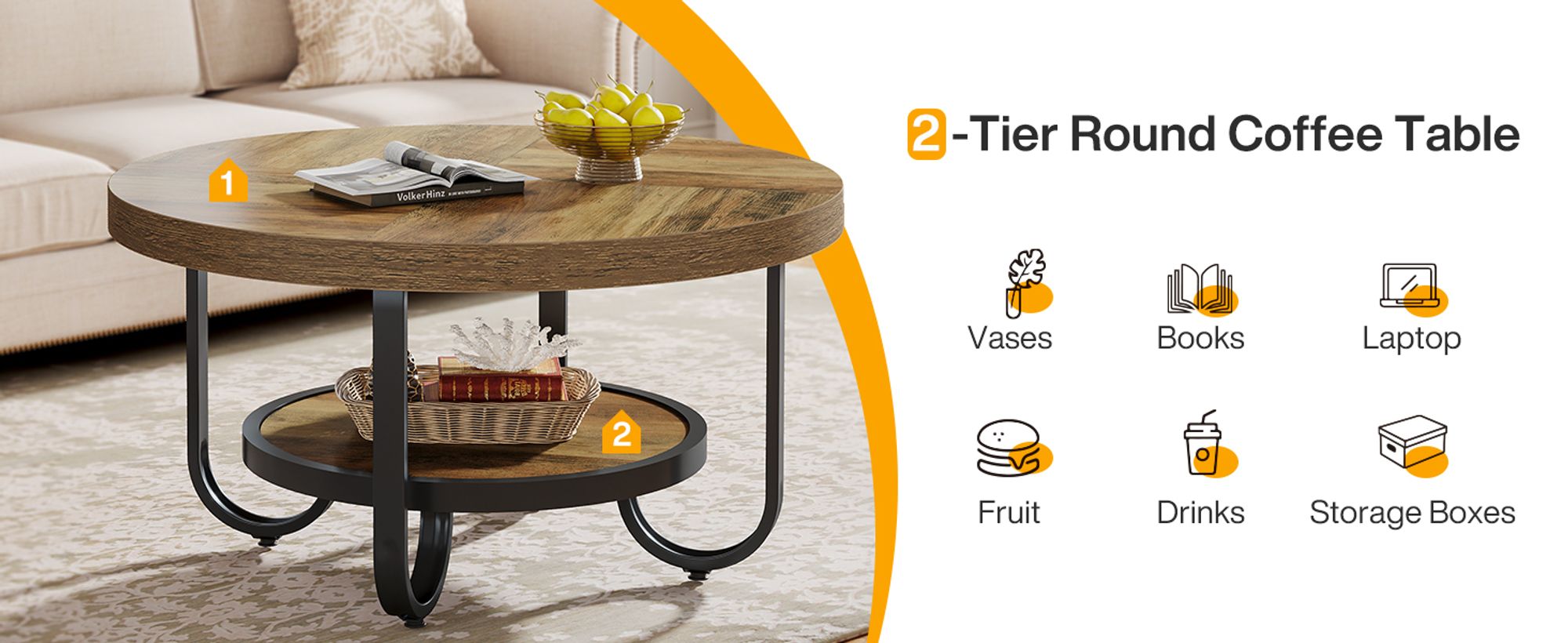 Tribesigns Runder Couchtisch, Industrial 2-stöckiger Sofatisch mit Lagerung Regale, 79 cm Mitte Tisch Sofa Beistelltisch mit gebogenen Metallbeinen