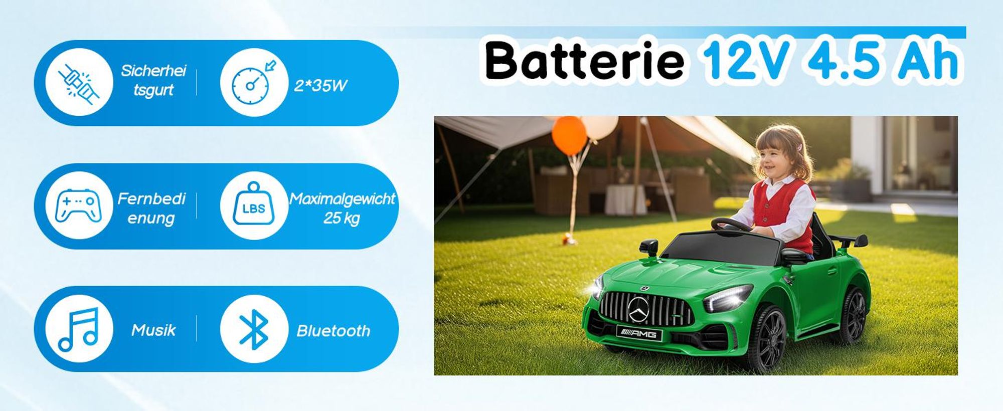 Elektroauto Kinderauto Mercedes-Benz AMG Gtr, mit 2,4G Fernbedienung, LED Scheinwerfer, MP3, Hupe und Musik, Grün