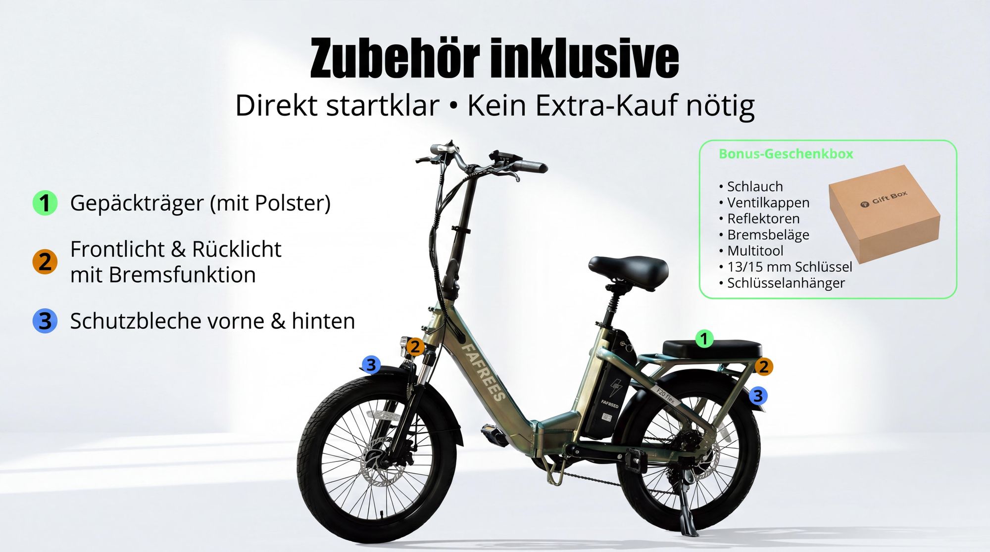 3-fach faltbares Pedelec mit Aluminiumlegierung E-Bike 20 Zoll mit 36V 20Ah Akku bis zu 100 km 7-Gang Shimano, Beige