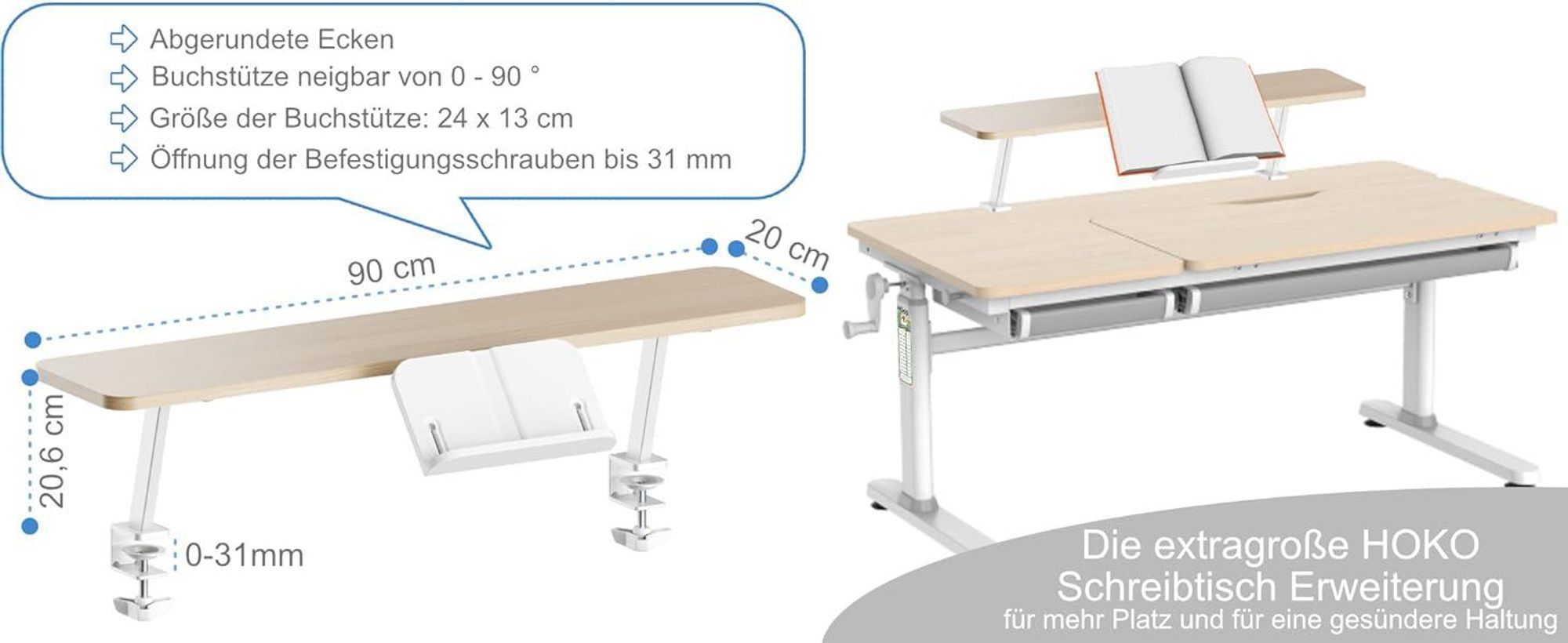 HOKO® Ergo-Study extra großer Schreibtischaufsatz mit Buchstütze für den Kinder Schreibtisch. Schreibtisch Butler mit Buch-Halterung für Kindertische