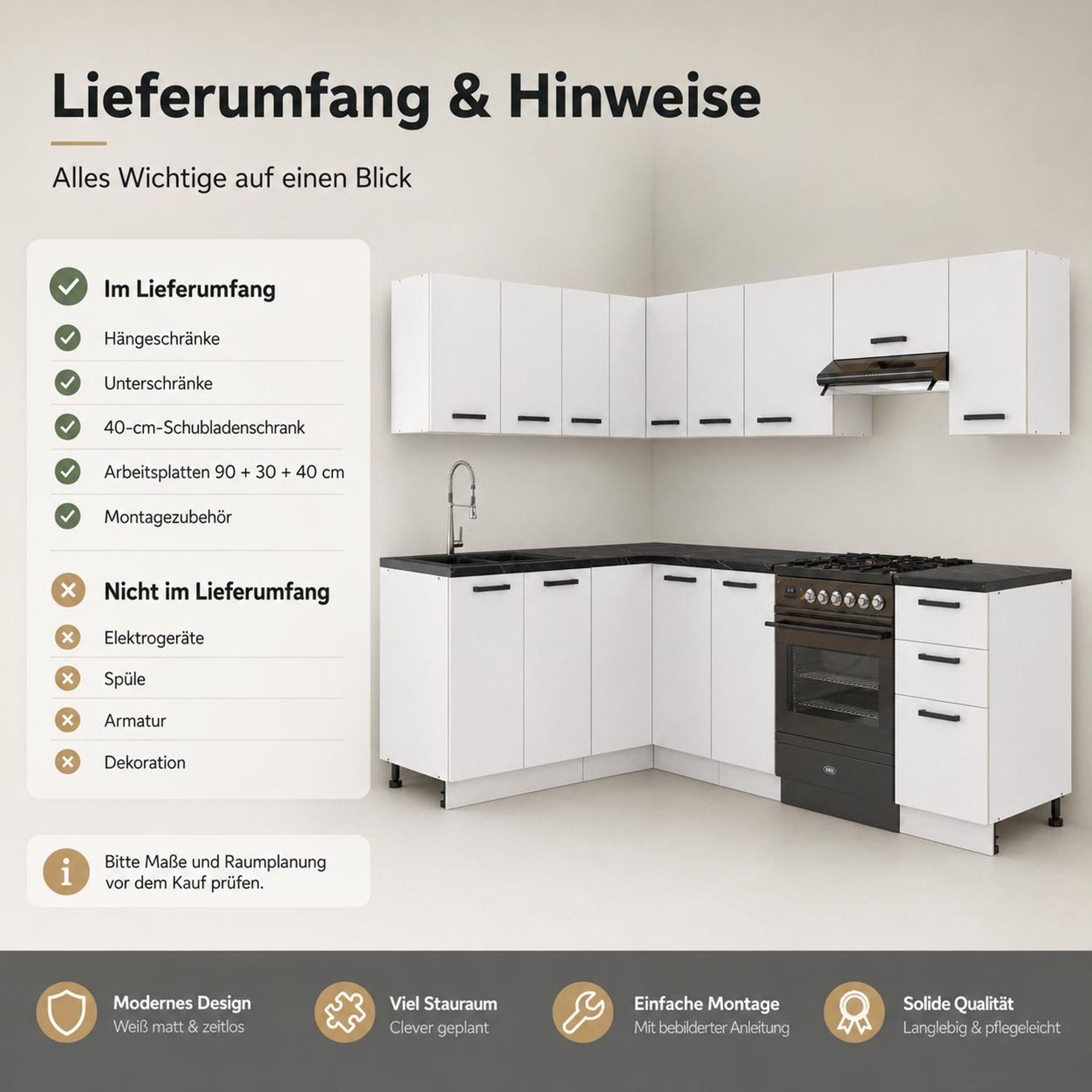 Lieferumfang der weißen Eckküche; Elektrogeräte, Spüle und Armatur nicht enthalten.