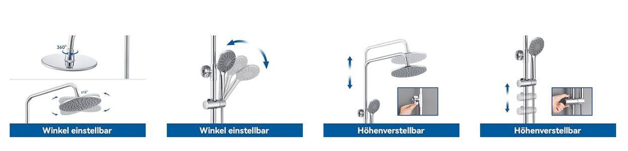 Duscharmatur Komplettset mit Regendusche & Duscharmatur Regendusche, Thermostat, höhenverstellbar 84-121cm, 23cm Kopfbrause, 3 Strahlarten, Chrom