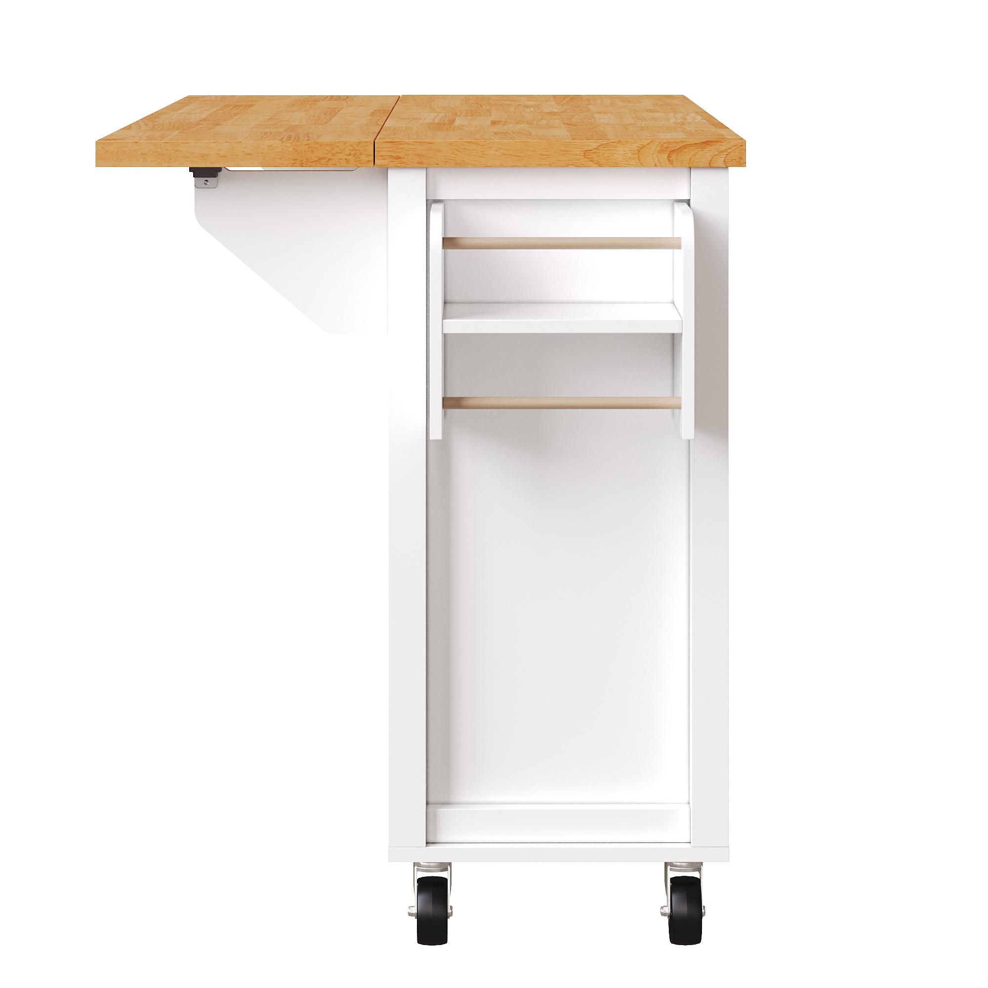 Flieks Servierwagen Speisewagen Erweiterbar, Buffetschrank Kücheninsel mit Schublade, Handtuchhalter und Gewürzregal, 99x40-70x90 cm, Weiß