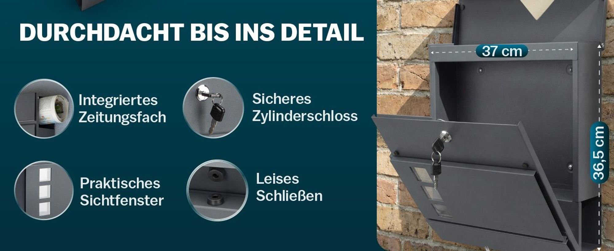 MONZANA® XXL Briefkasten Postkasten mit Zeitungsfach Sichtfenster abschließbar 2 Schlüssel Montagematerial Stahl modern einfache Montage Zeitungsrolle Wandbriefkasten Anthrazit