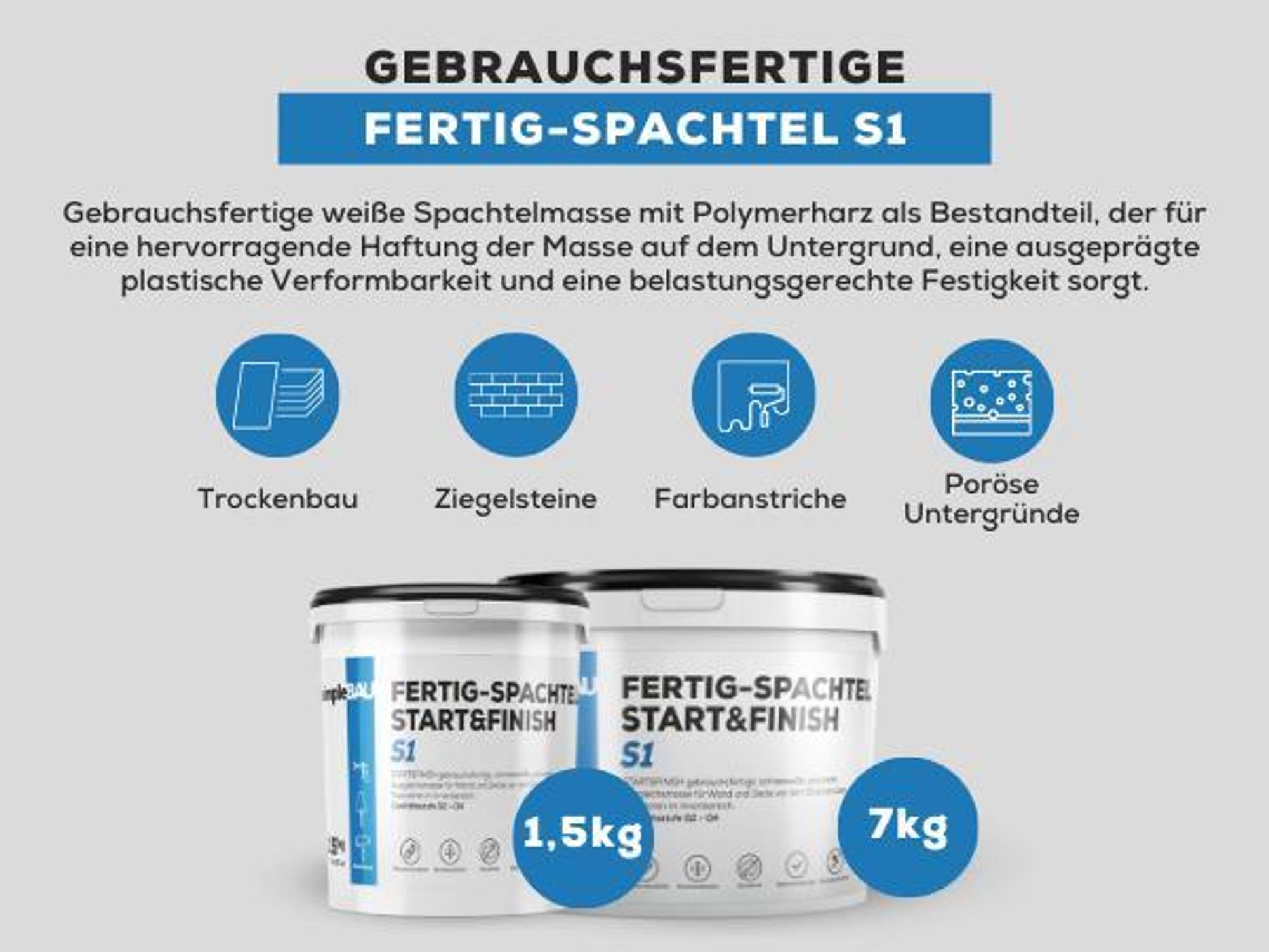 SimpleBau Spachtelmasse Start&Finish gebrauchsfertig zum Reparieren und Glätten von Wänden Perfekte weiße Farbe, 7kg