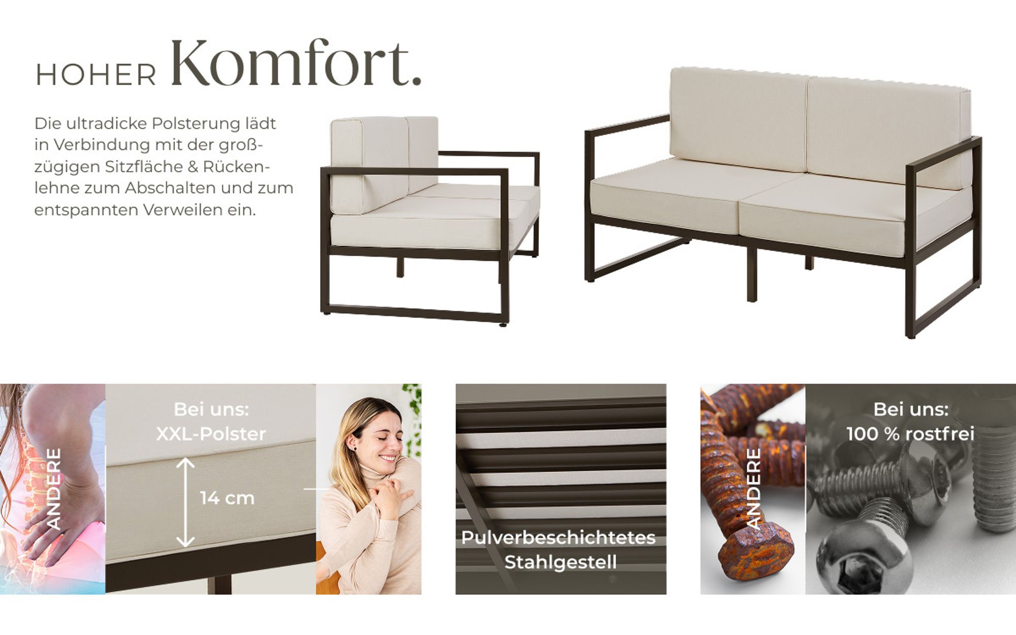 tectake® Garten-Loungesofa Comosa, 2-Sitzer, ultradicke Polsterung