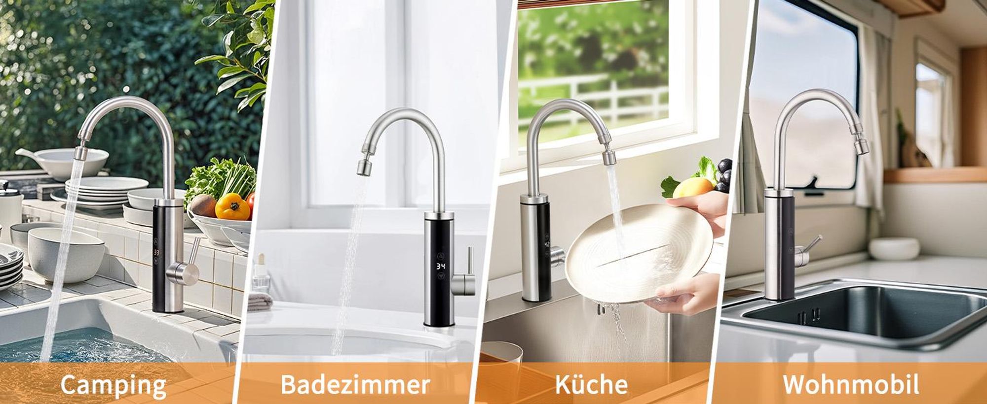 Elektrische Küchenarmatur mit Durchlauferhitzer, Gebürstet Wasserhahn Küche mit LED Temperaturanzeige,Smart Heater Wasserhahn 360° drehbar