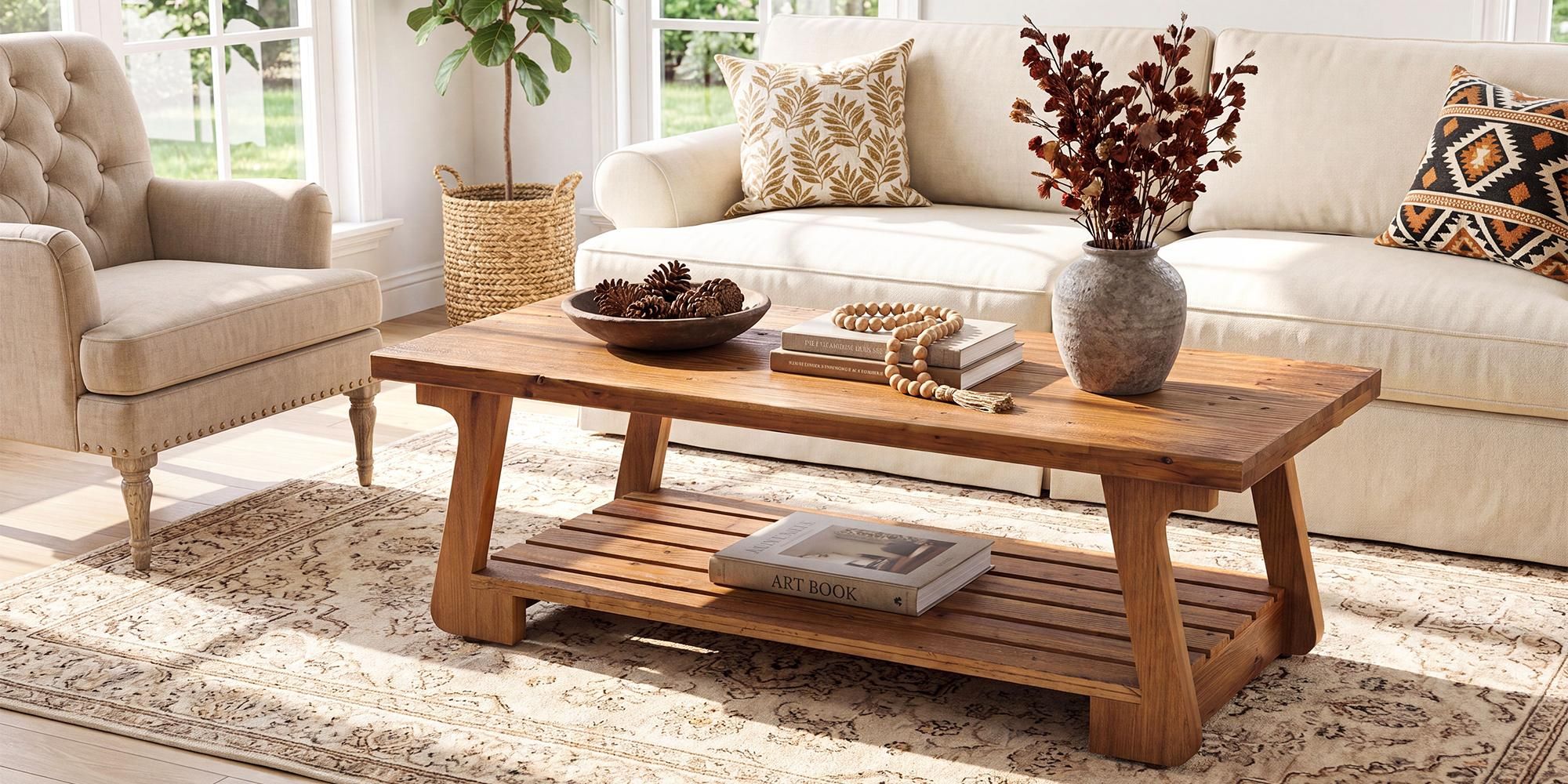 Couchtisch aus Massivholz, 140 cm breiter Beistelltisch mit 2 Ablageflächen für Wohnzimmer und kleine Räume, rustikales Braun