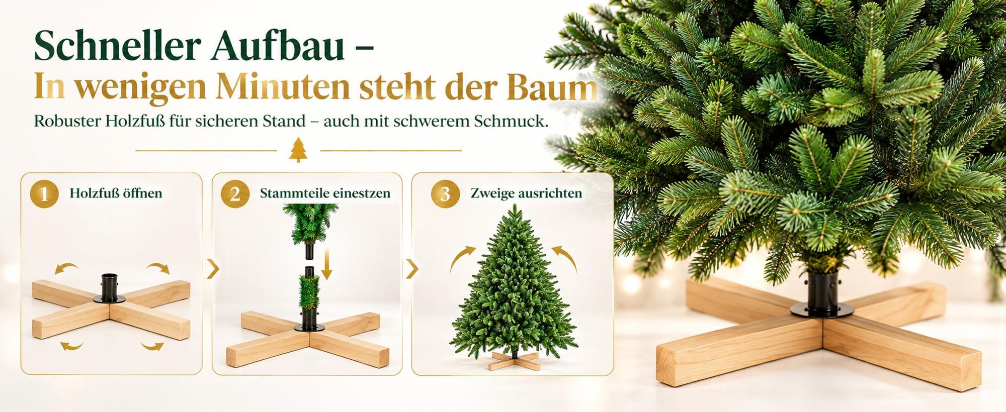 Künstlicher Weihnachtsbaum mit LED Lichterkette und Holzfuß 180 cm, realistischer PE PVC Christbaum, festliche Weihnachtsdekoration für Zuhause
