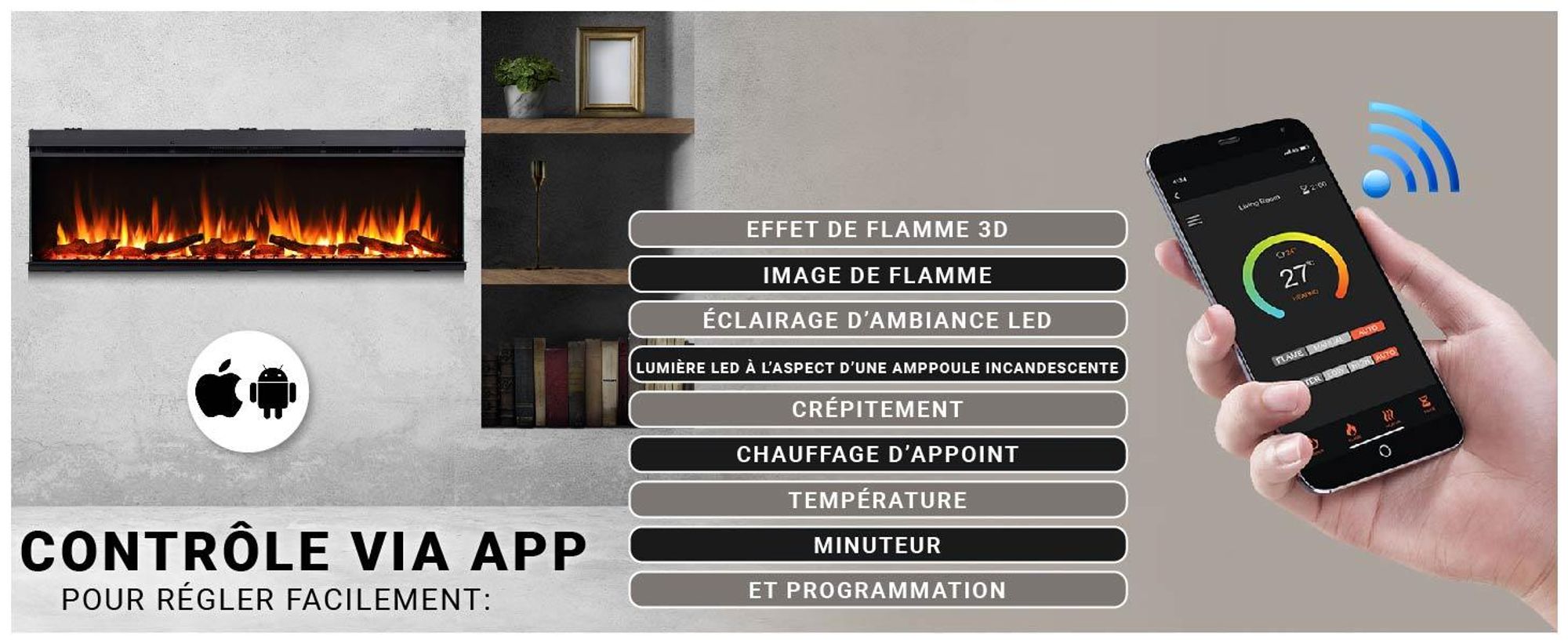 Cheminée électrique encastrable BALDERIA Athena 60 – Puissance de chauffage jusqu'à 1 500 W, noire