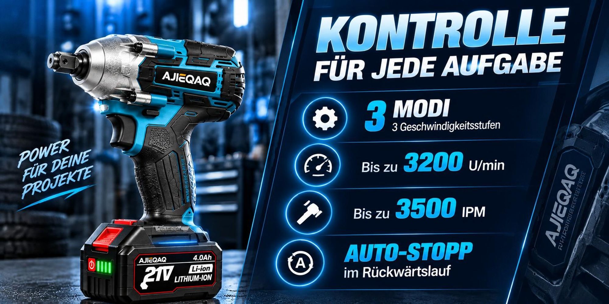 AJIEQAQ 21V Akku Schlagschrauber & Schlagbohrmaschine Brushless, 550Nm Max. Drehmoment, 2×4,0Ah Akku, 1/2 Zoll, 3-Gang, Inkl. 6 Stecknüsse & Koffer