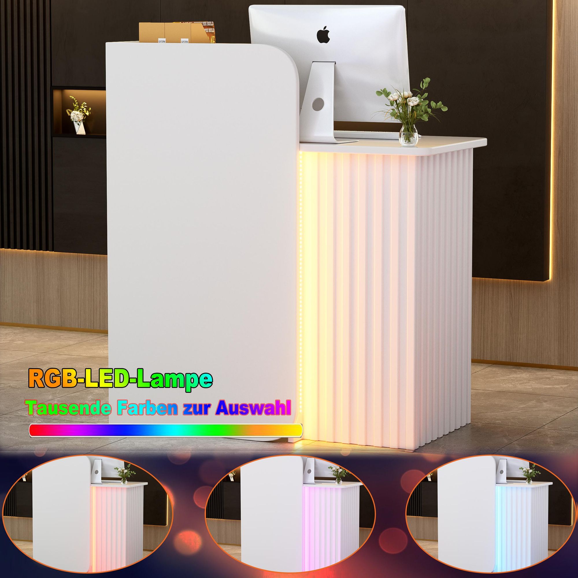 Empfangstheke mit LED-Beleuchtung, kompakter Fronttresen mit abschließbaren Schubladen, modern & platzsparend, Rezeptionstheke für Salon, Geschäft,
