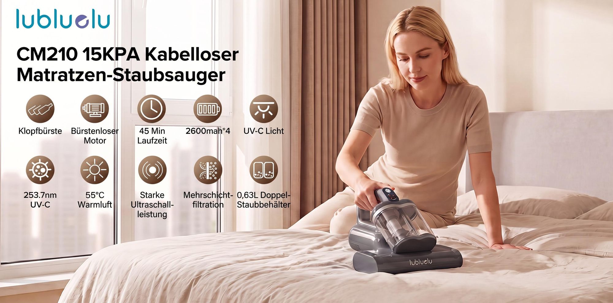 Lubluelu CM210 Kabelloser Milbensauger 15000Pa Matratzenstaubsauger mit UV-C Licht, Ultraschall-Technologie, 55 °C Heißluft Handstaubsauger für Bett