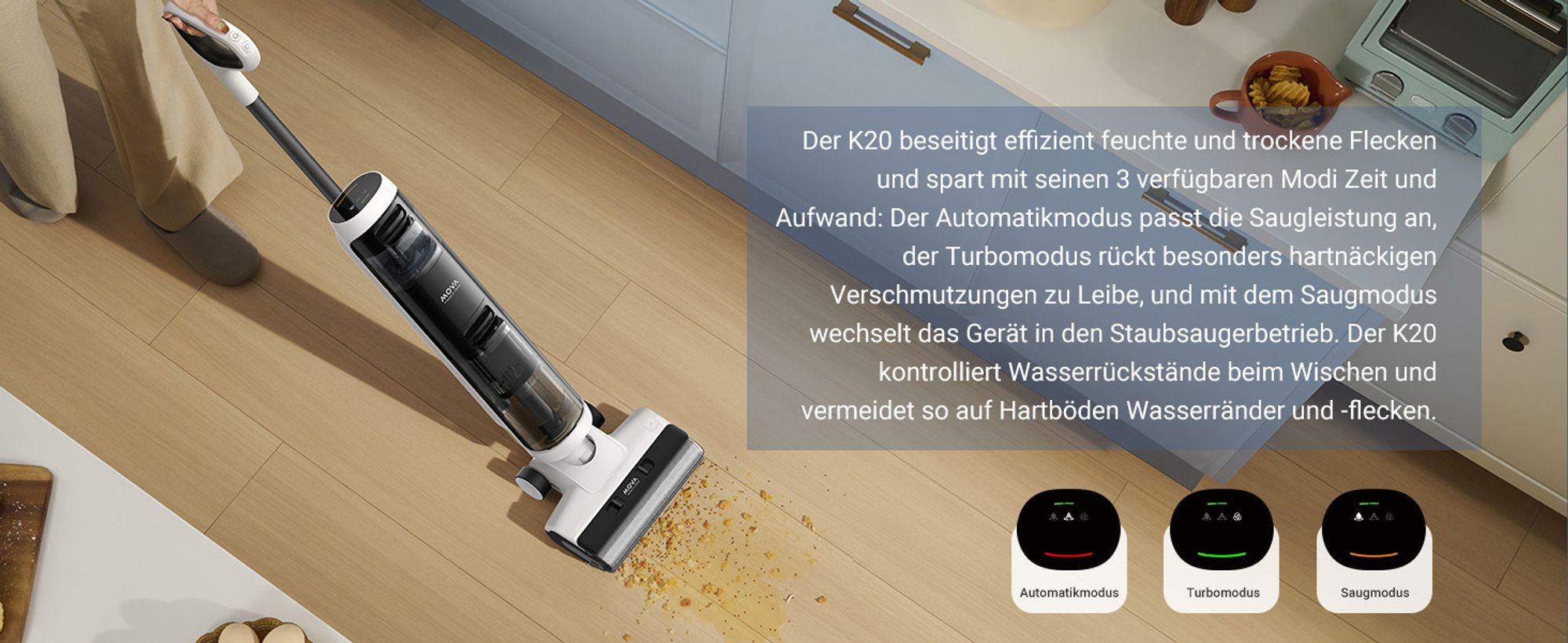 MOVA K20 Nass- und Trockensauger, selbstreinigende automatische Bürsten, 30 min Laufzeit, Doppel-Kantenreinigung