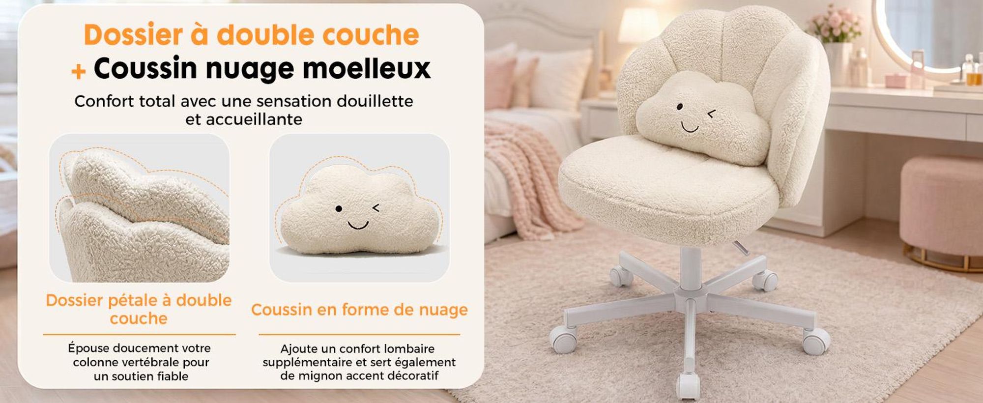 Chaise de bureau COMHOMA, chaise de maquillage à roulettes avec double dossier et coussin moelleux, chaise pivotante réglable en hauteur, tissu Teddy, beige