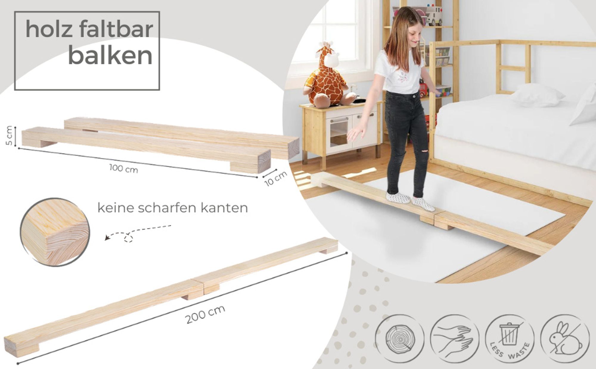 MAMOI® Schwebebalken für zuhause, Balancierbalken für kinder, Balken turnen klappbar, Turngeräte indoor, Balancieren und Turnbalken, Hellgrau Gymnastic bar