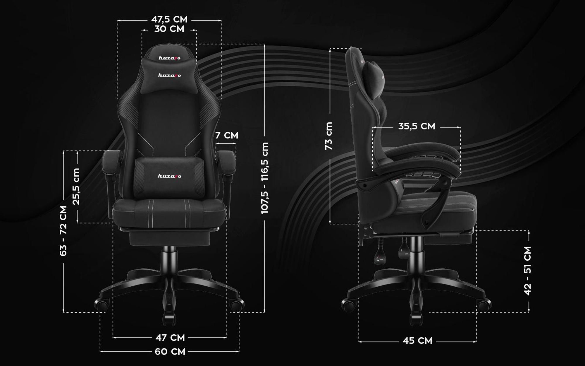 Huzaro Force 3.7 Carbon Black Gaming-Stuhl mit ergonomischem Design, verstellbarem Armlehnen und hochbelastbarem Stoff