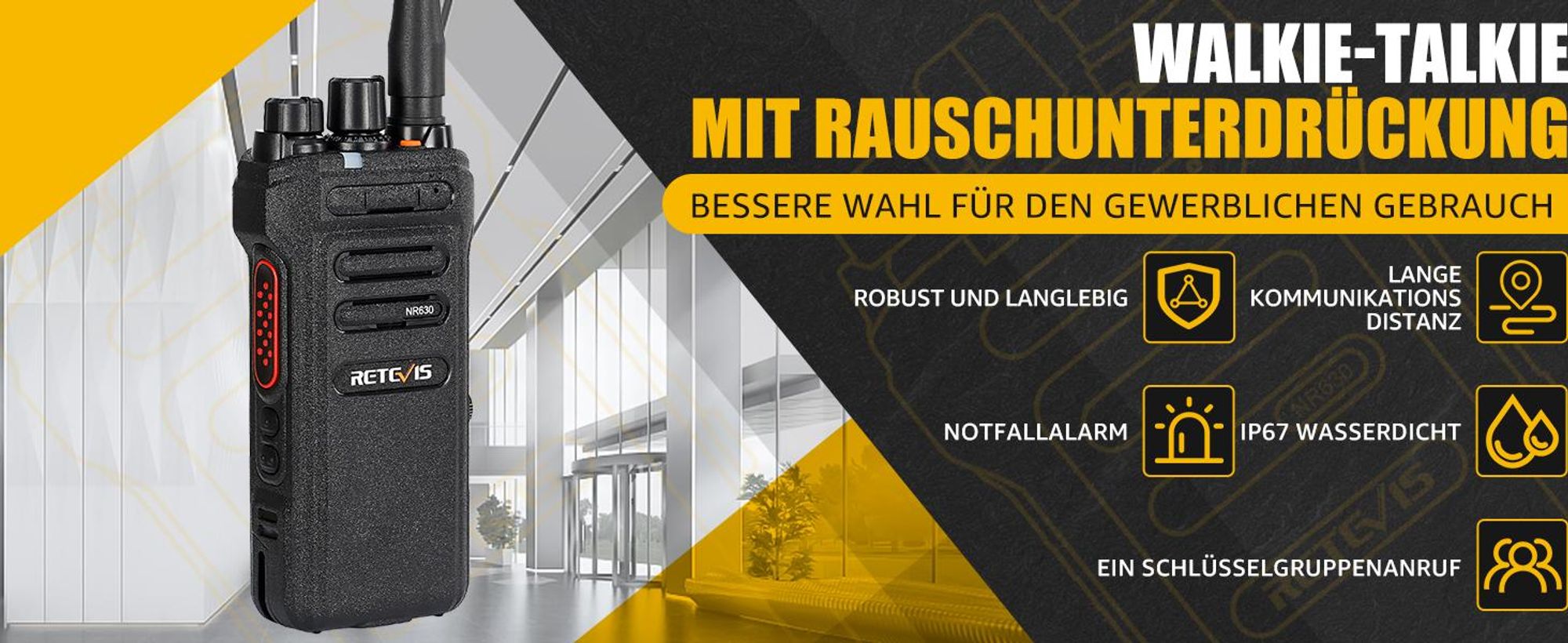 Retevis NR630 Wasserdichtes Walkie Talkie, Funkgerät mit Großer Reichweite, Geräuschunterdrückung, 2800mAh Handfunkgerät, Professionelles 2 Wege Funkgerät für Fracht (Schwarz, 1 Stück)