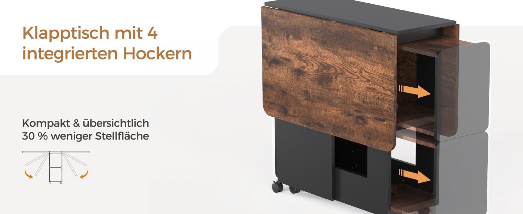 Mondeer Esstisch mit 4 Hockern Platzsparend (120x80→33x80cm), Rollbar mit Bremsen, 3-in-1 Funktion & Schnell Aufgebaut Braun und Schwarz