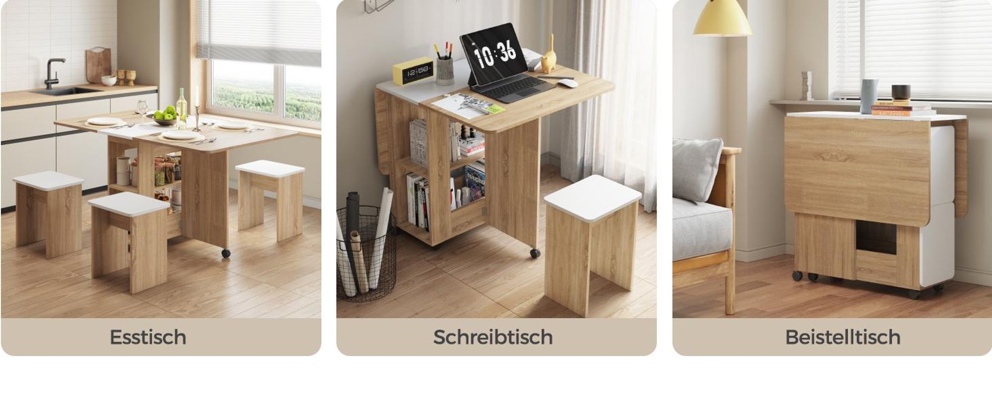 Mondeer Esstisch mit 4 Hockern Platzsparend (120x80→33x80cm), Rollbar mit Bremsen, 3-in-1 Funktion & Schnell Aufgebaut Eiche und Weiß