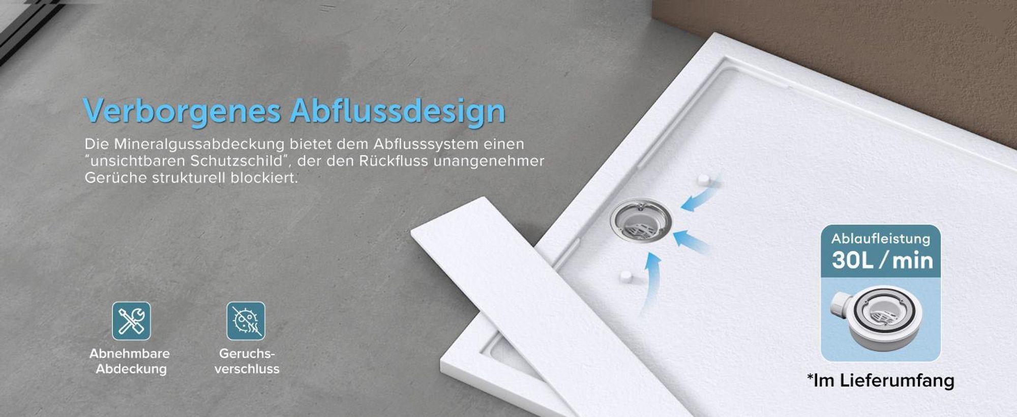 doporro Duschtasse Duschwanne 90x100x3cm aus Mineralguss in Weiß Rechteckig DIN für bodenebene Montage geeignet inkl. Ablaufgarnitur Geoma10