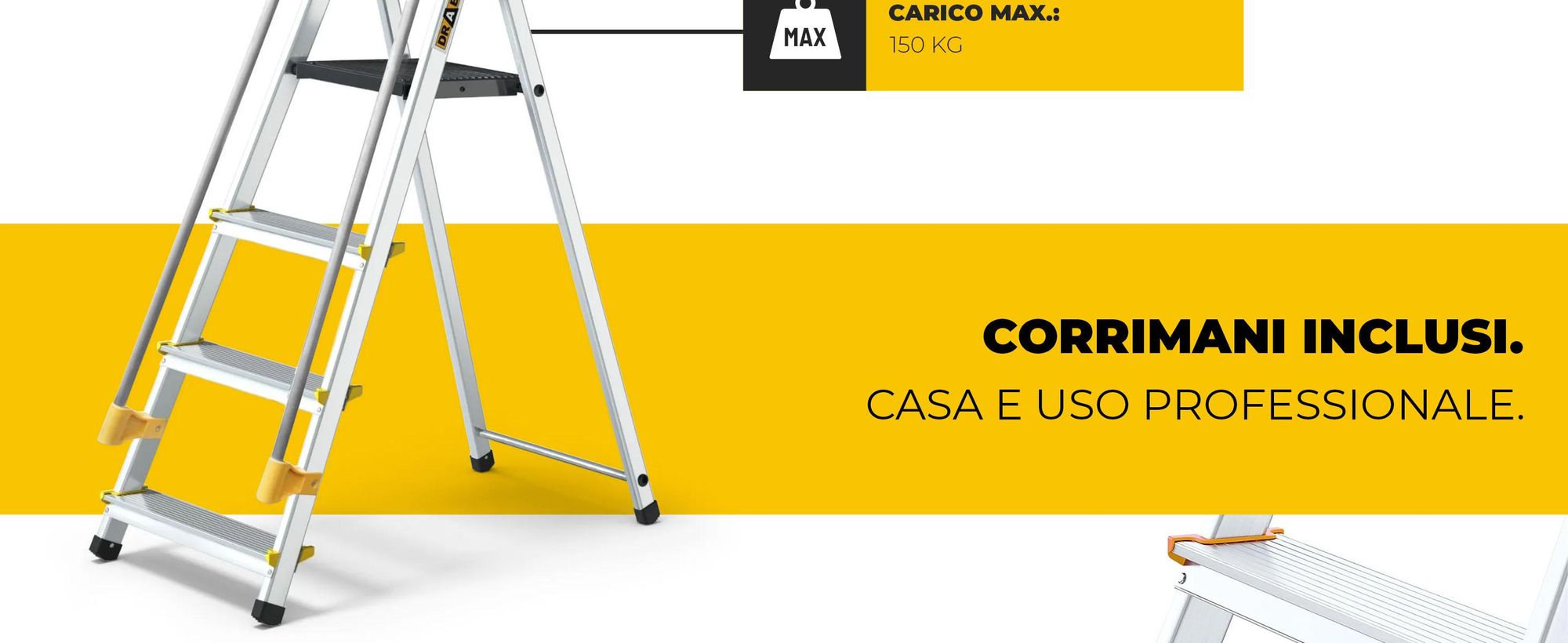 Drabest | Scala - 4 gradini, portata 150kg - Scala con corrimano, scala in alluminio, piedini antiscivolo, scaletta, scala pieghevole
