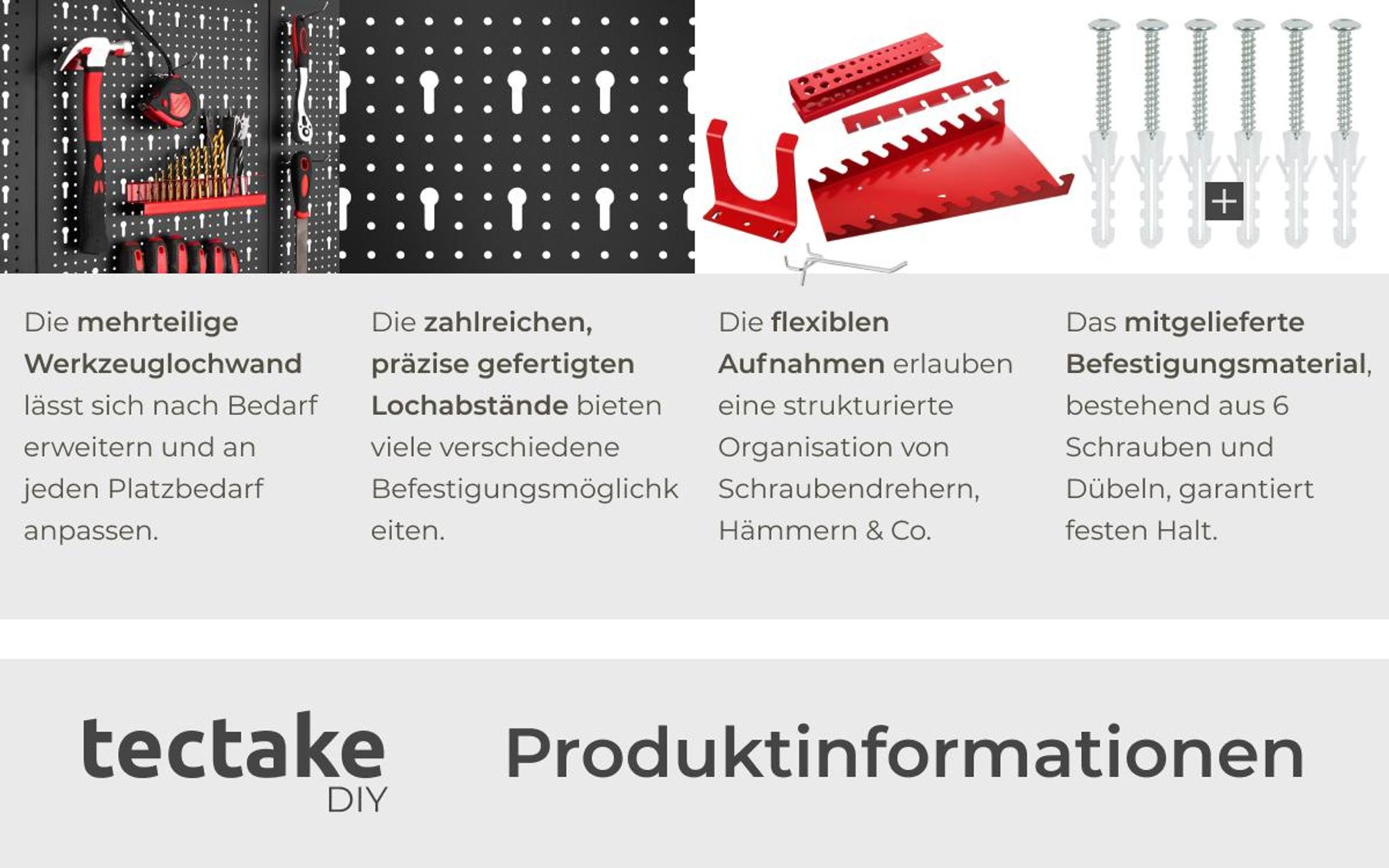 tectake® Werkzeuglochwand dreiteilig, aus Stahl 120 x 3 x 60 cm