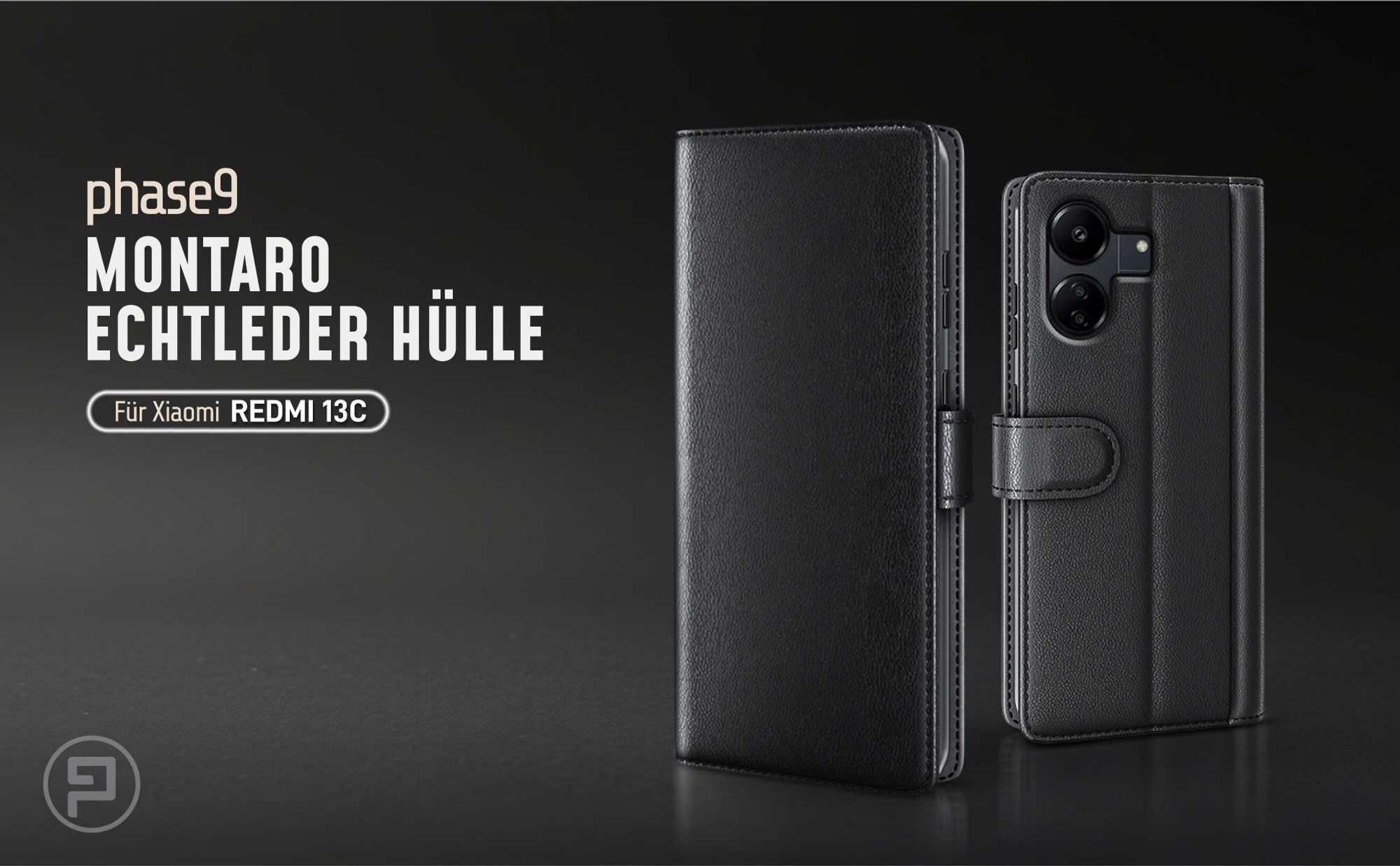 Schwarze Lederhülle für Xiaomi Redmi 13C mit Magnetschließe