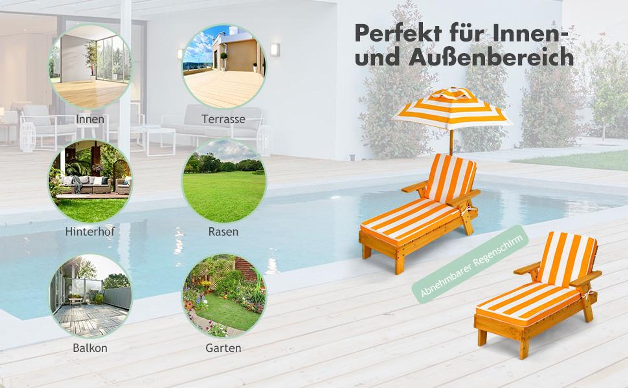 COSTWAY Kinder Sonnenliege mit Sonnenschirm, Kinderliege Holz, Gartenliege belastbar bis 50kg, Strandliege Holzliege, Kinderstuhl mit Kissen 92x49x106cm