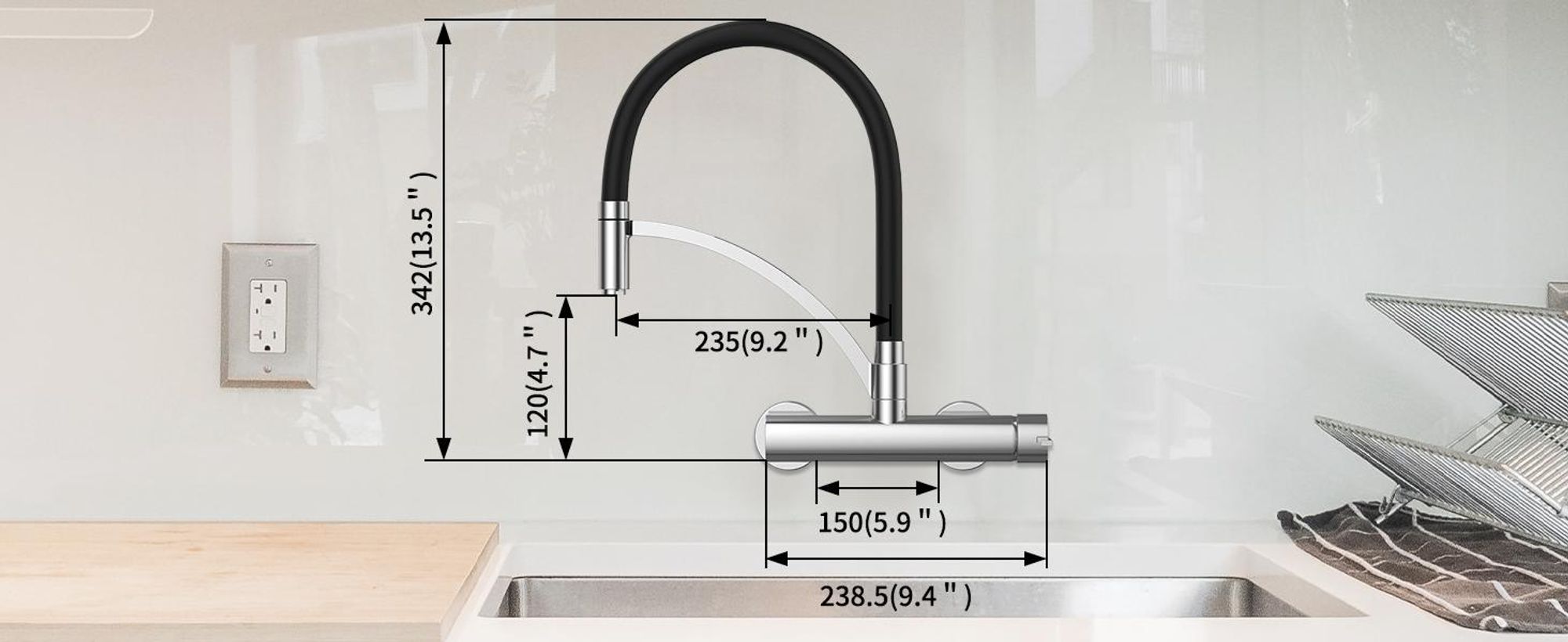 Wasserhahn Küche Messing Wandmontage Schwarz,180° drehbar Silikon in Lebensmittelqualität Wand Küchenarmatur 342 mm, Wandarmatur Flexibel Ausziehbarer
