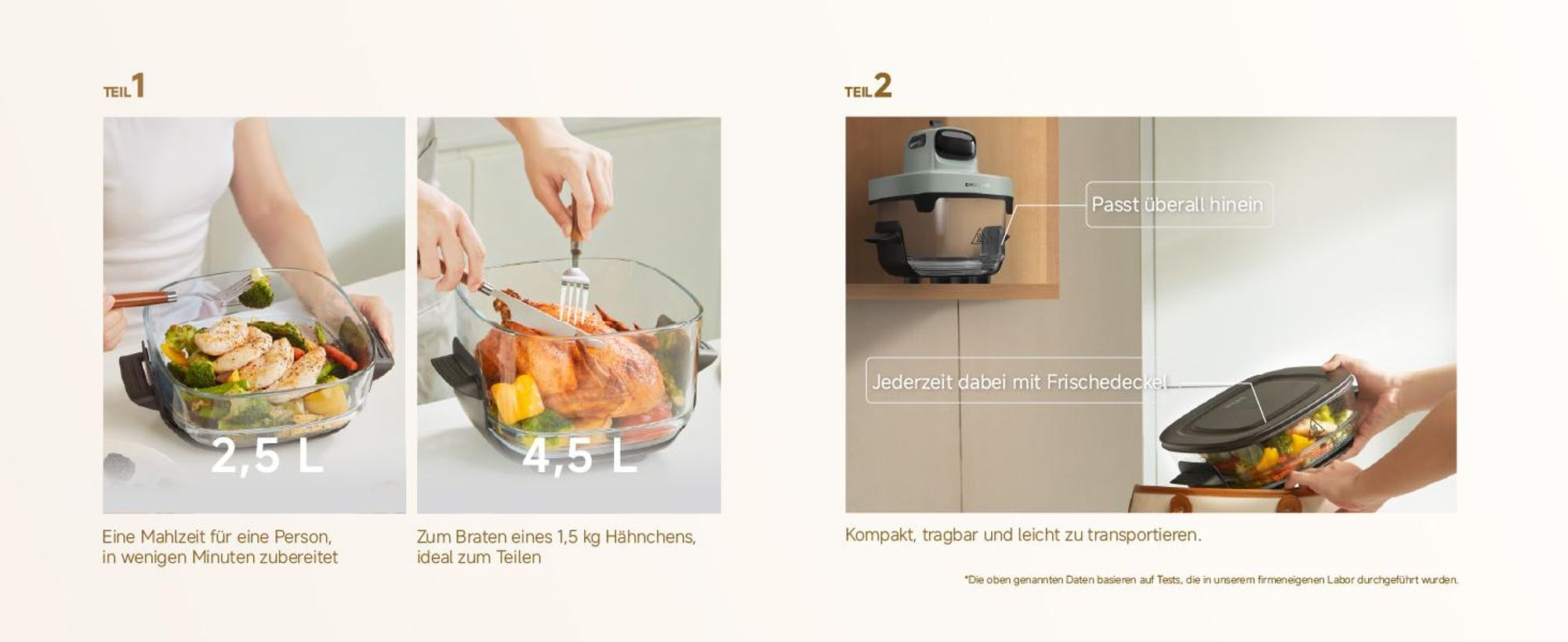 Dreame Tasti AirFryer 5-in-1 Heißluftfritteuse,6mm starkes,tragbares Borosilikatglas,3D-Heißluftzirkulation,spülmaschinenfest,360°Sicht,2.5l+4.5l,Grün