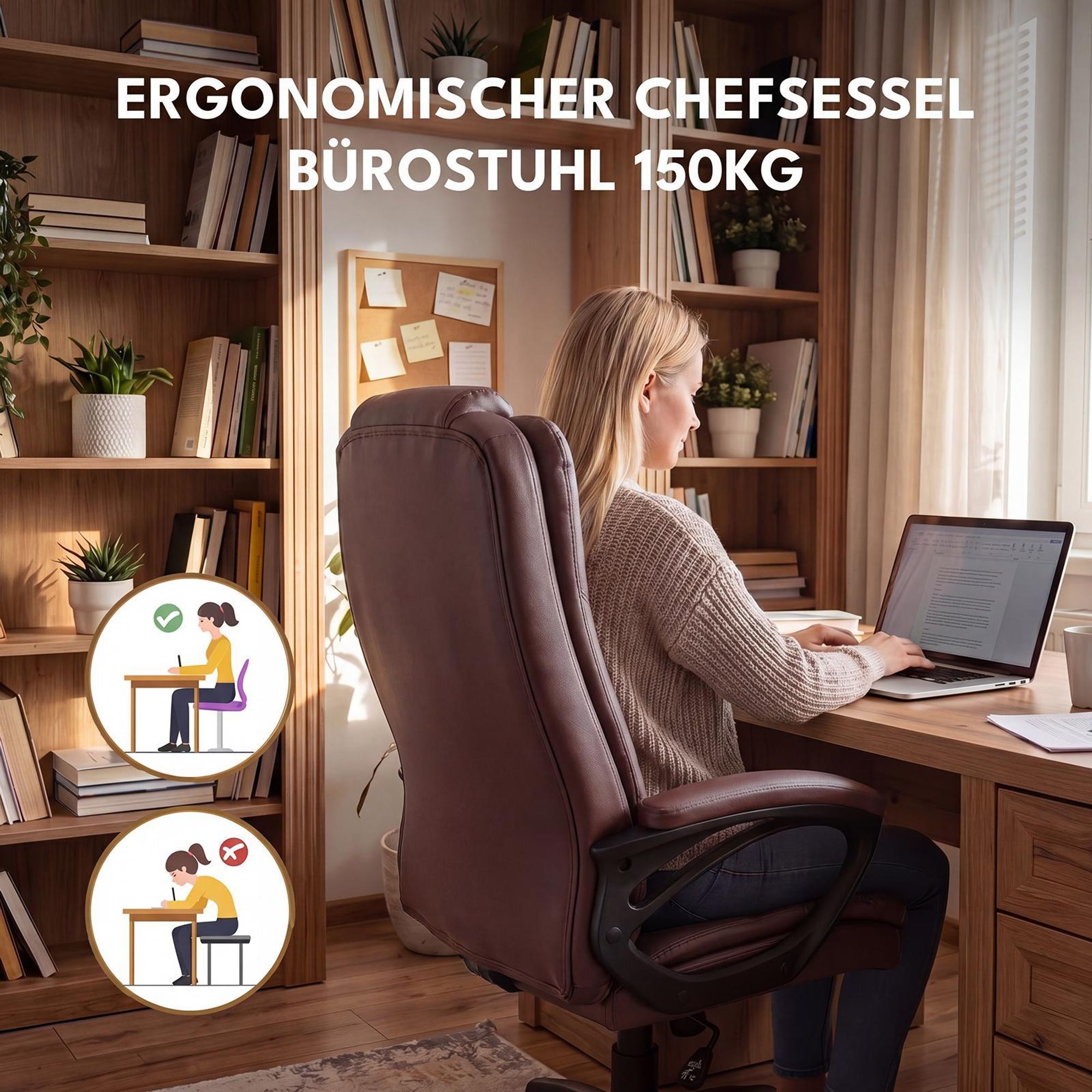 Ergonomischer Büro-Chefsessel mit 150 kg Traglast für rückenfreundliches Arbeiten