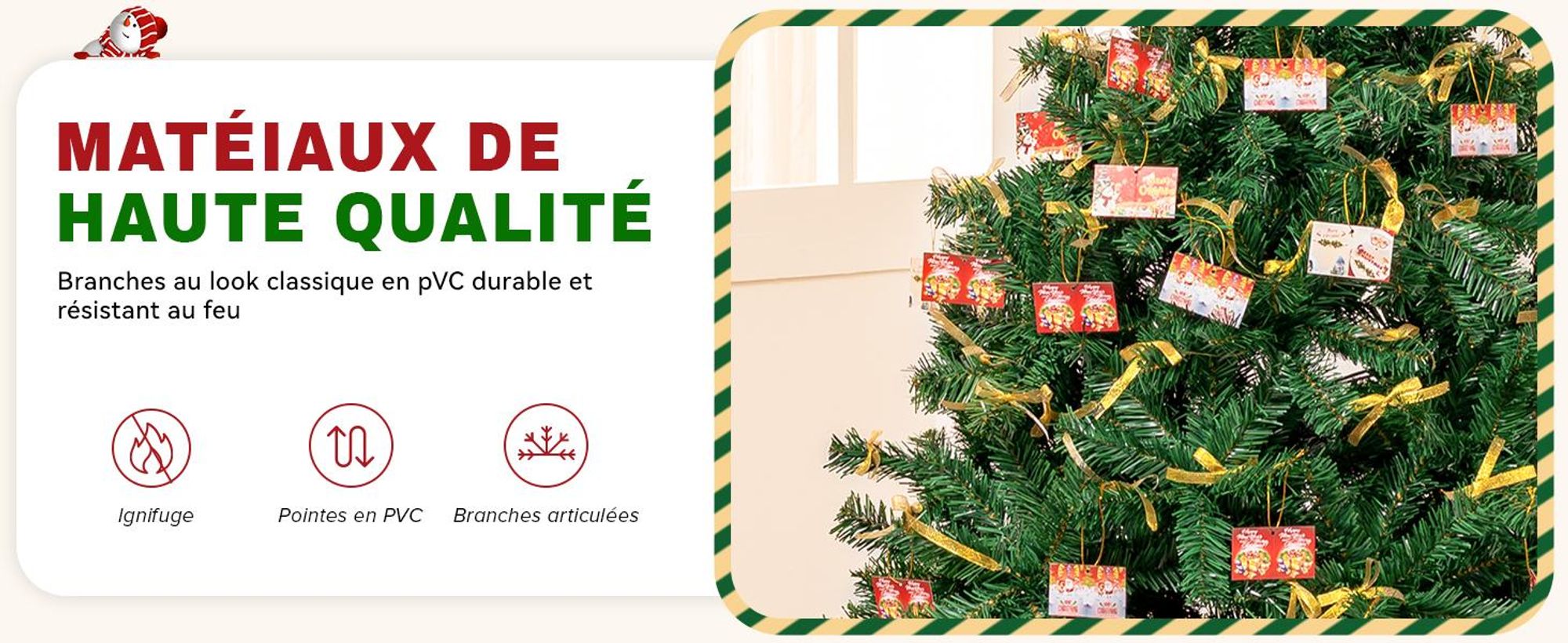 COMHOMA Arbre de Noël artificiel Décoration de Noël 195cm Matériau PVC avec 910 pointes Branches épaissies Pliable avec nœuds décoratifs & carte de vœux