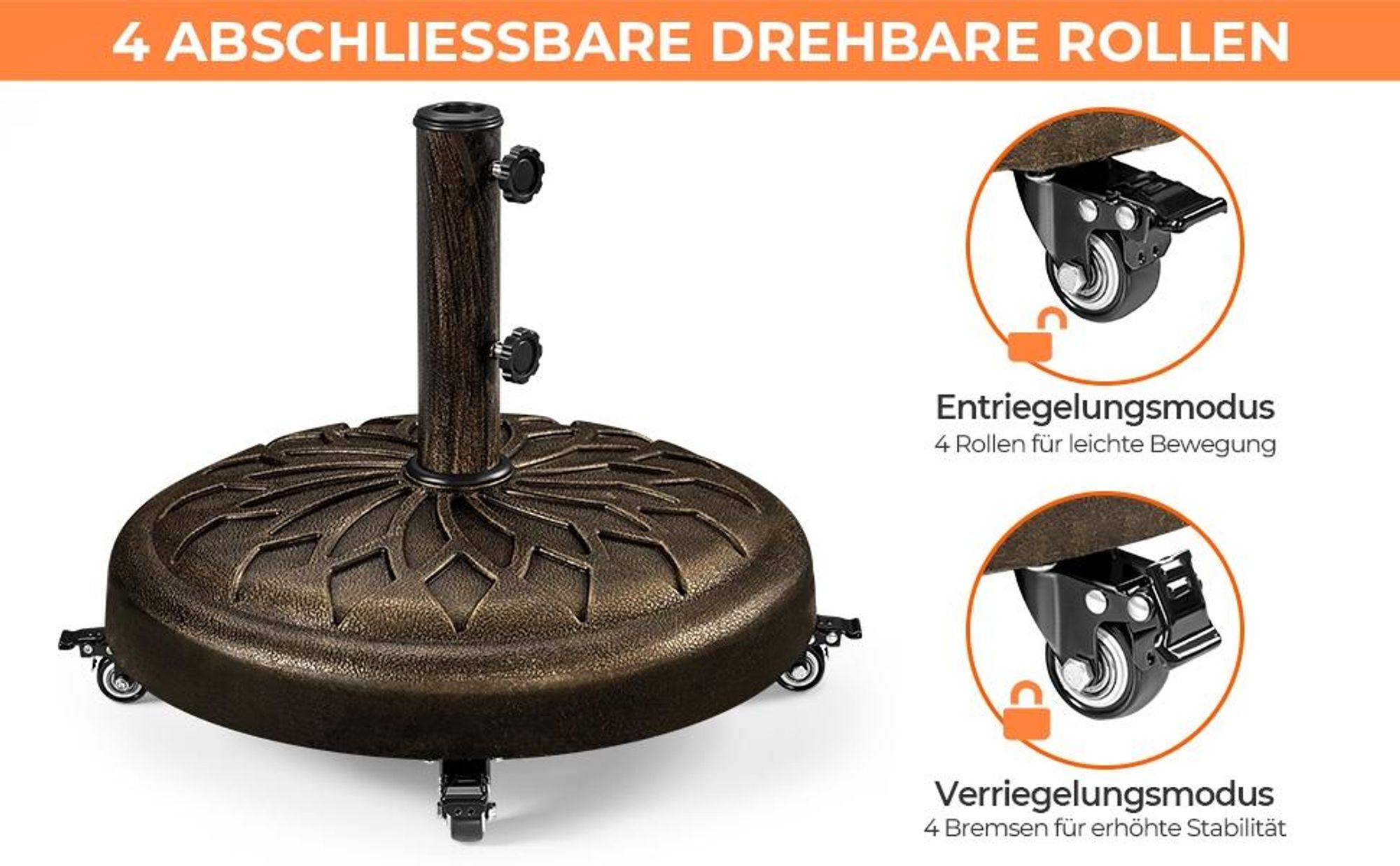 Yaheetech Sonnenschirmständer mit Rollen 20,6 kg, für Schirmstangen von ø34/38/48 mm, für Garten/Balkon/Strand, Bronze